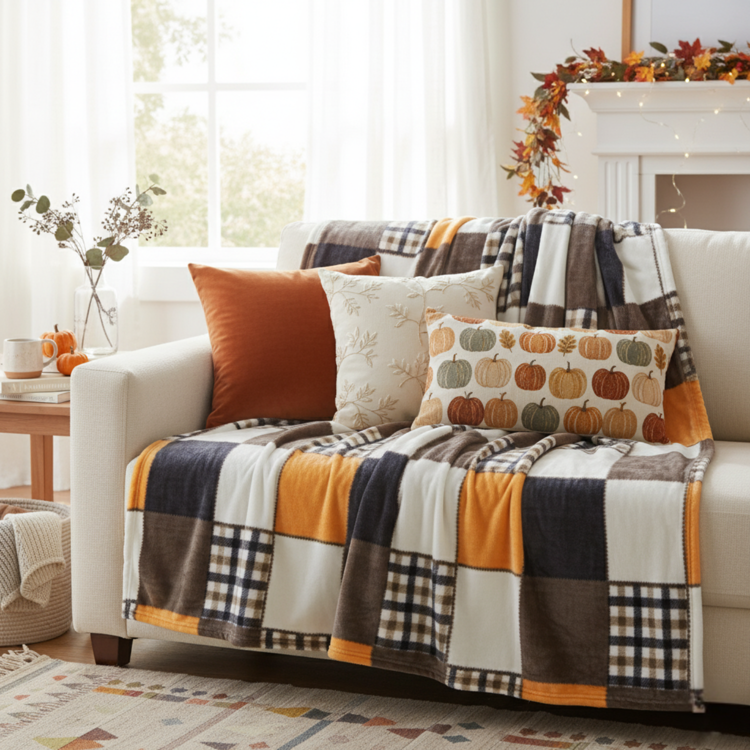 Autumn farmhouse style throw blanket and decorative pillows on a white couch. The blanket has a brown, orange, and white plaid patchwork pattern
