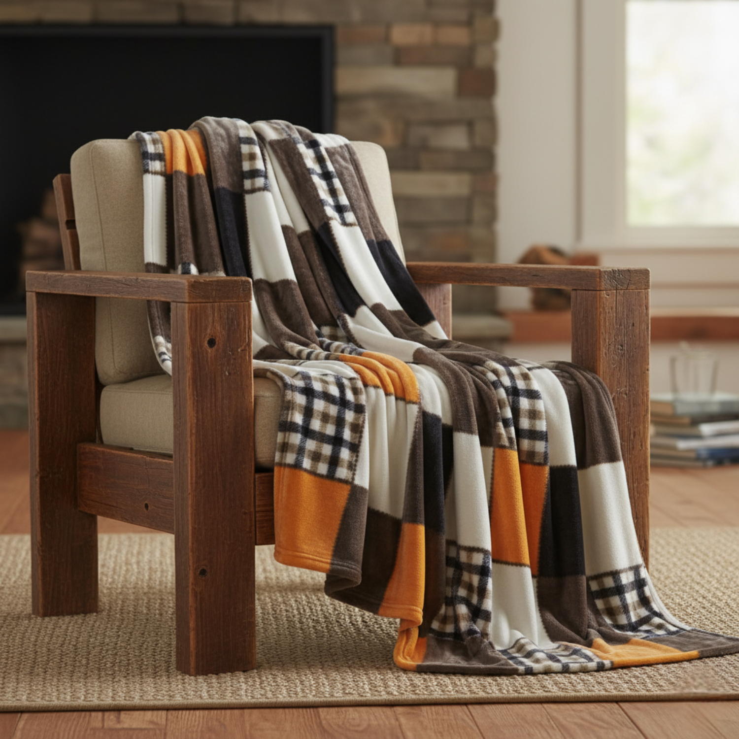 A plush, plaid patchwork throw blanket in shades of brown, white, and burnt orange draped over a rustic leather armchair in a cozy, high-end log cabin style living room. A fireplace with a stone hearth is visible in the background, casting a warm glow