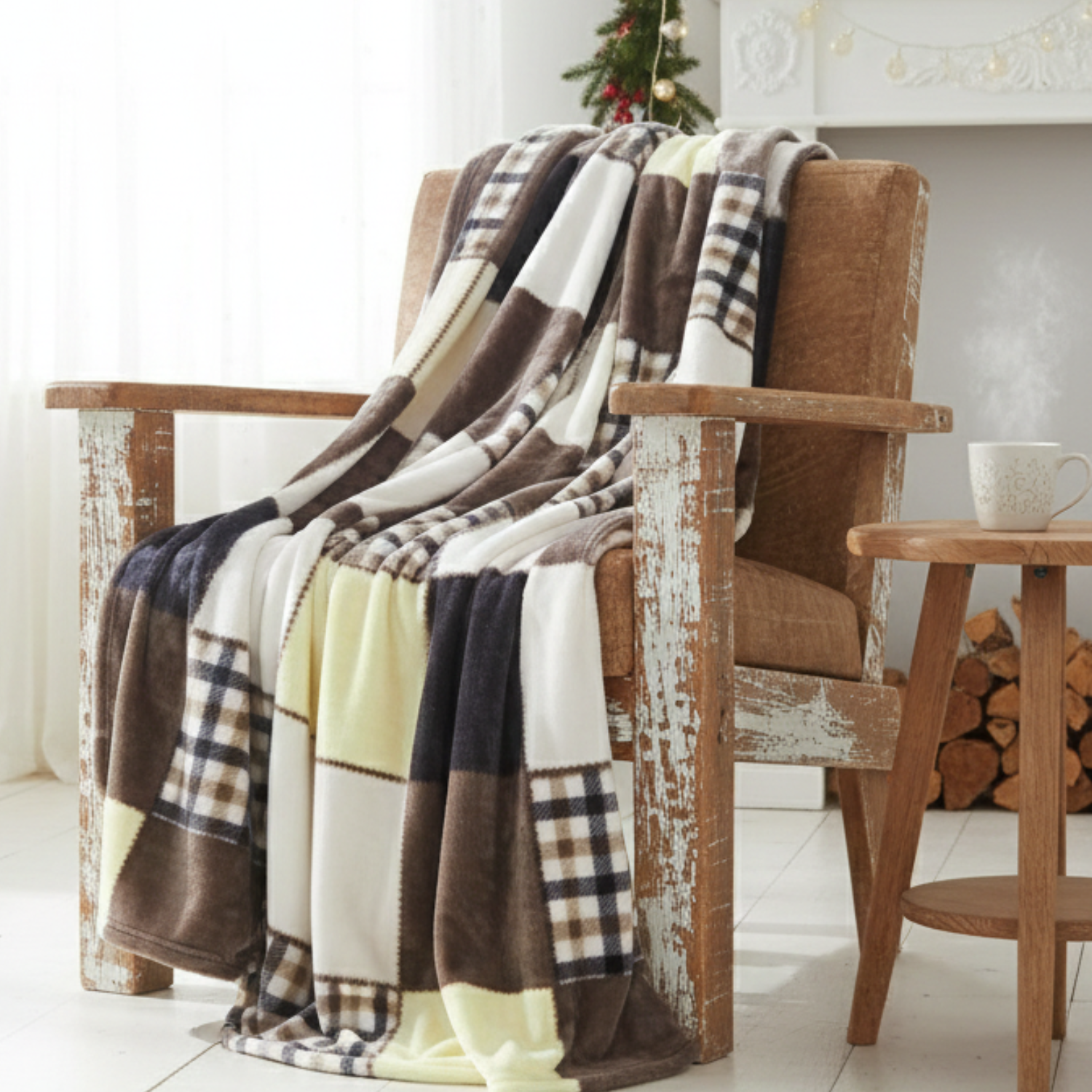 Plaid blanket draped over a wooden chair in a cozy room with a fireplace and logs.