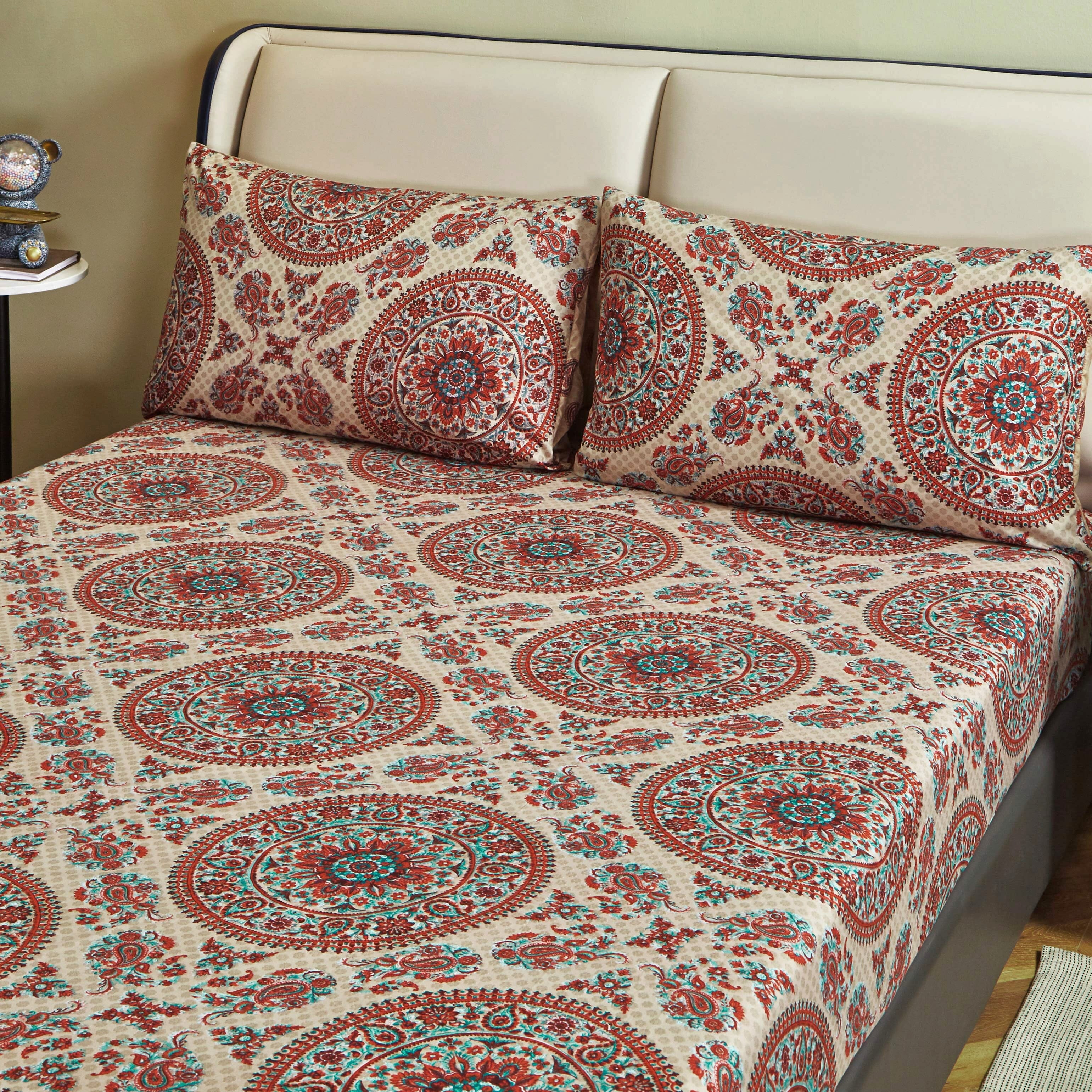 Tache Bohemian Desert Medallion Boteh Paisley Taupe Fitted Sheet / Flat Sheet (TJ3502)