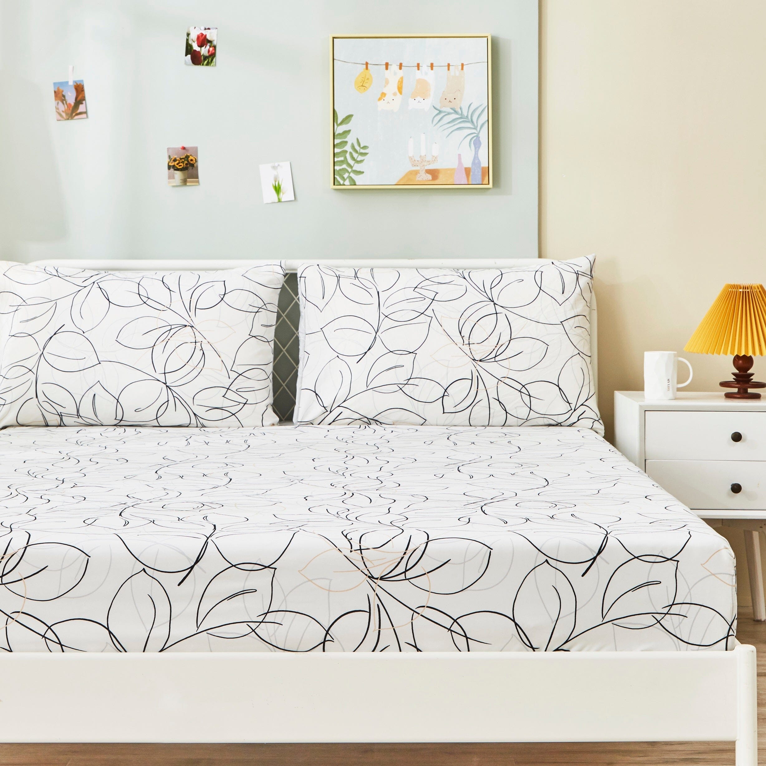 Tache Modern Abstract Leaf Line Art Foliage White Grey Black Gold Fitted Sheet / Flat Sheet (TJ3571)