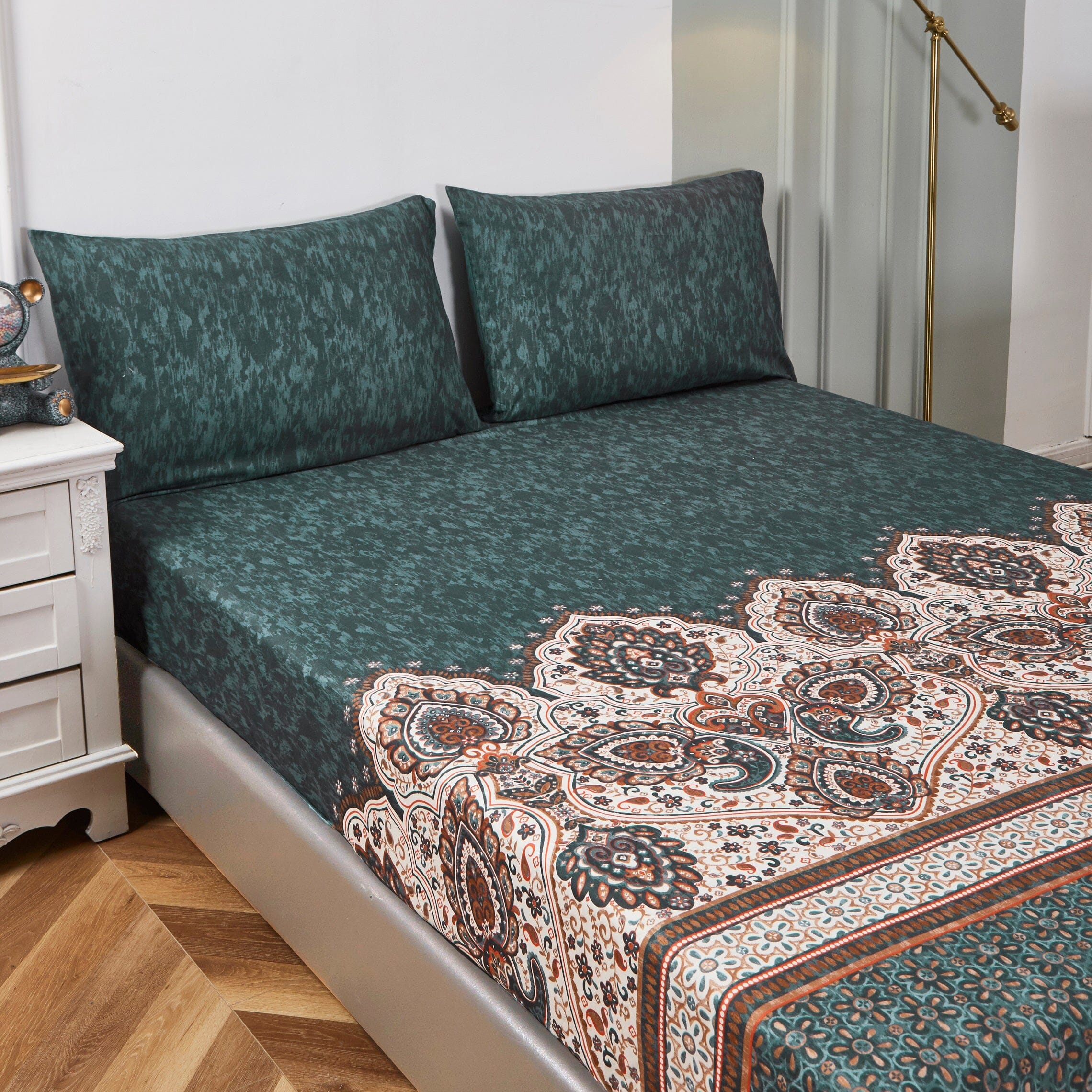 Tache Rustic Paisley Mandala Palace Floral Watercolor Dark Teal Fitted Sheet / Flat Sheet (KF174)