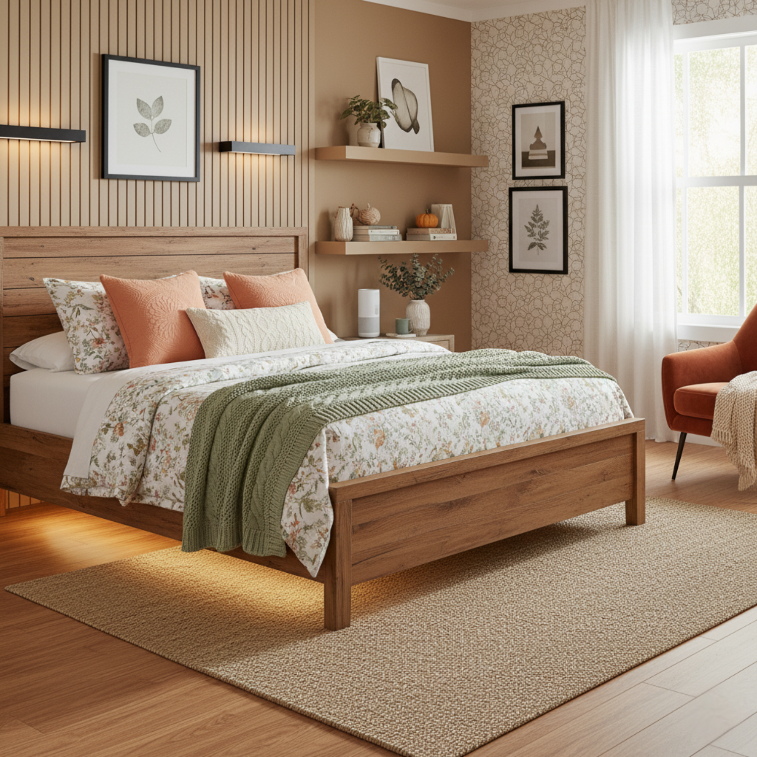Wooden bed in a bedroom with decorative pillows and a green blanket and Tache decorative solid orange throw pillow cover
