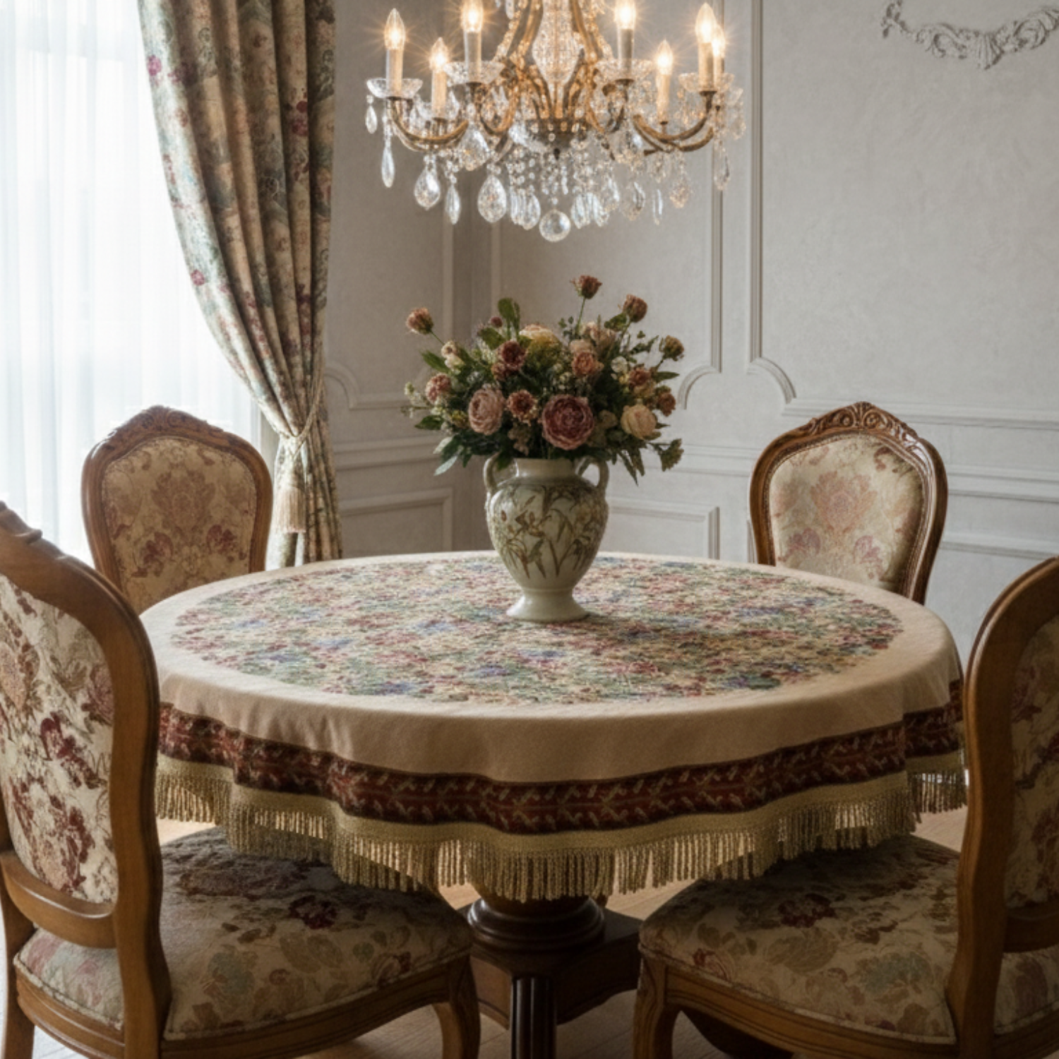 Round dining table with floral centerpiece and ornate chairs in a elegant room.