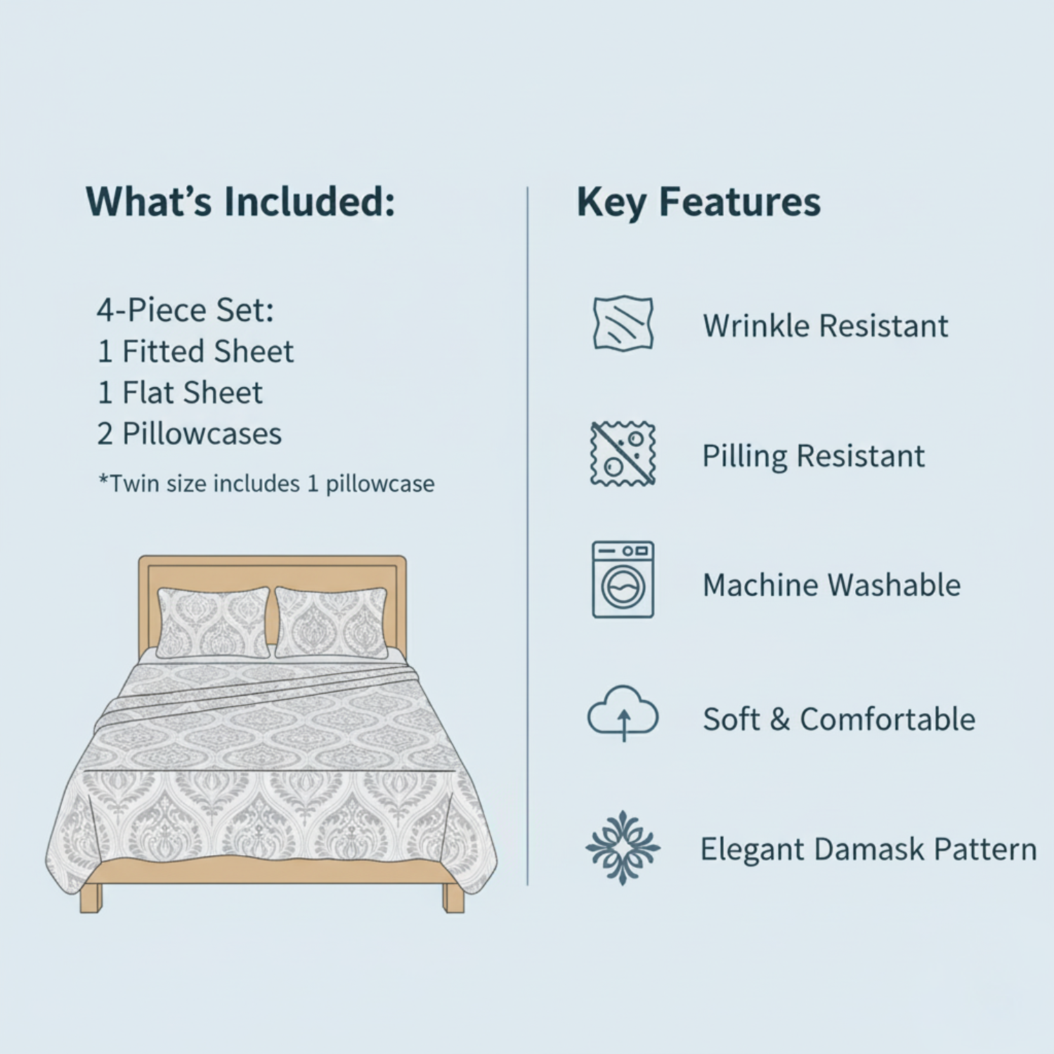 Tache Dreamy Moon Sky Ogee Damask Heather Gray White Bed Sheet Set