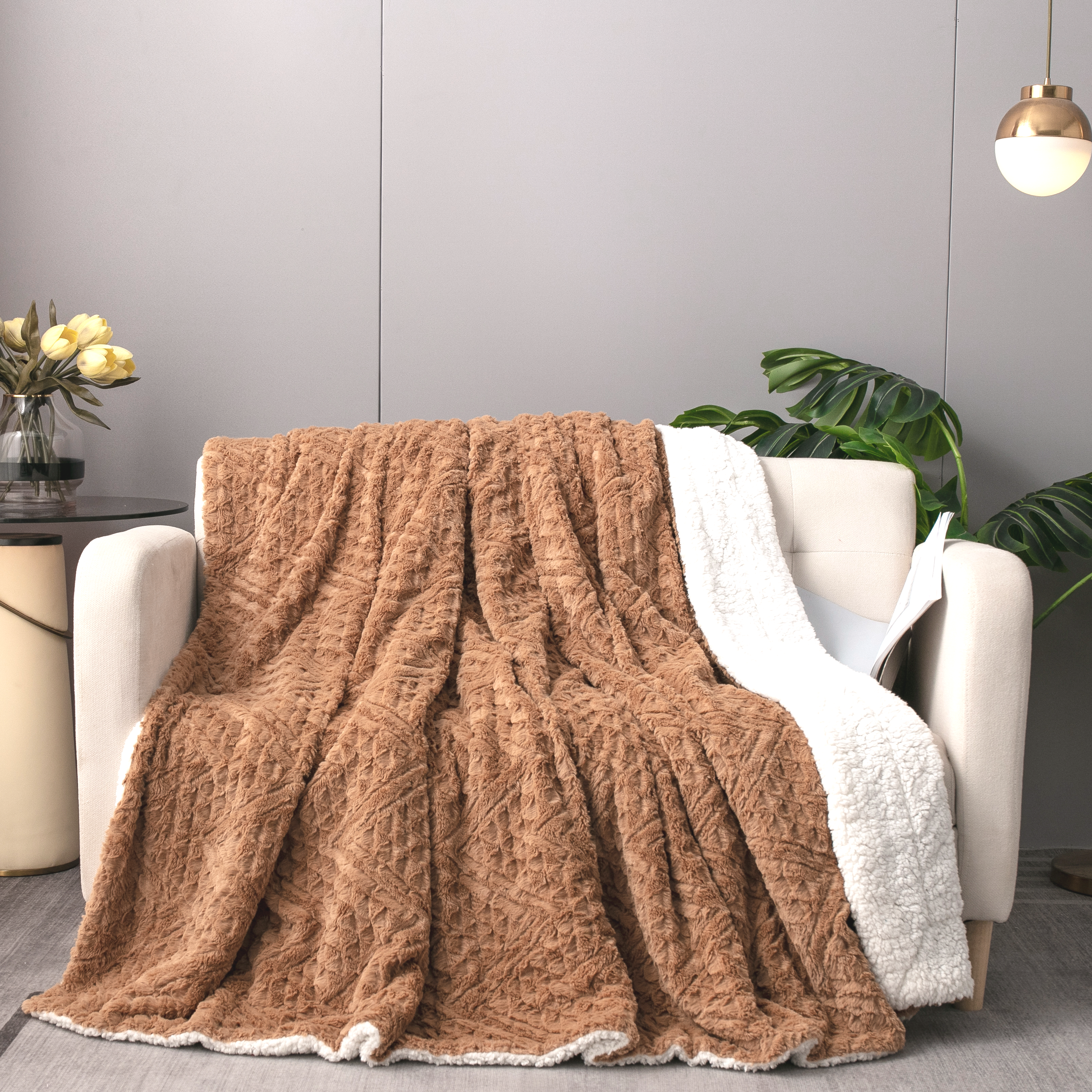 Tache Caramel Brown Faux Fur Throw Blanket Chevron Geometric Embossed (#10)