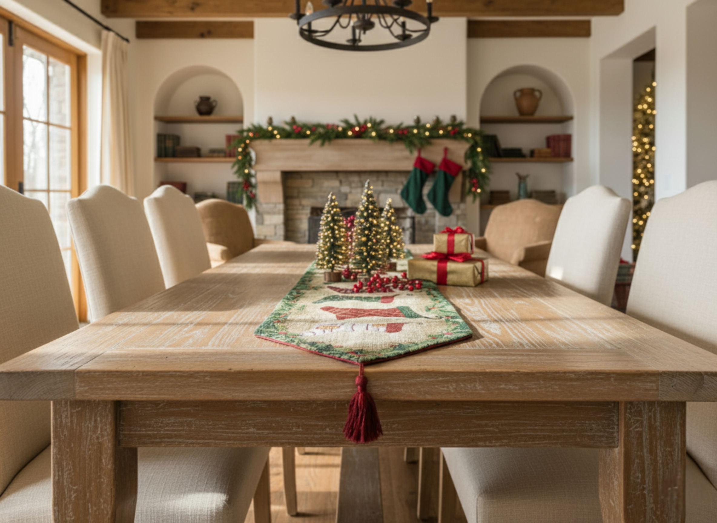 Dining room with a wooden table set for Christmas, decorated with lights and stockings and elegant festive table runner
