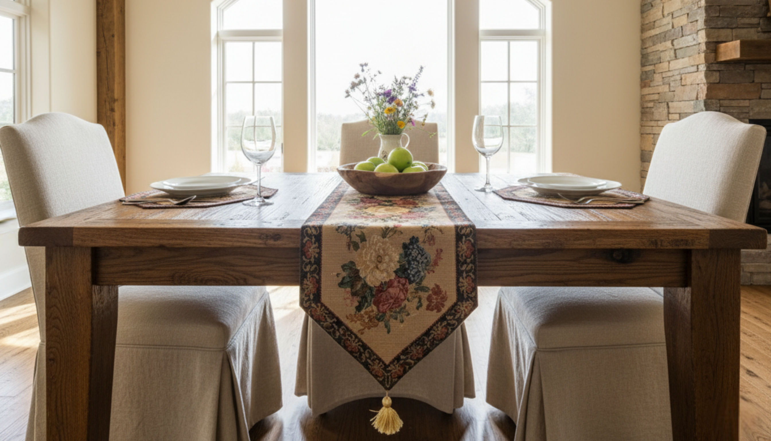 Dining table set with a floral table runner, plates, and glasses in a bright room.