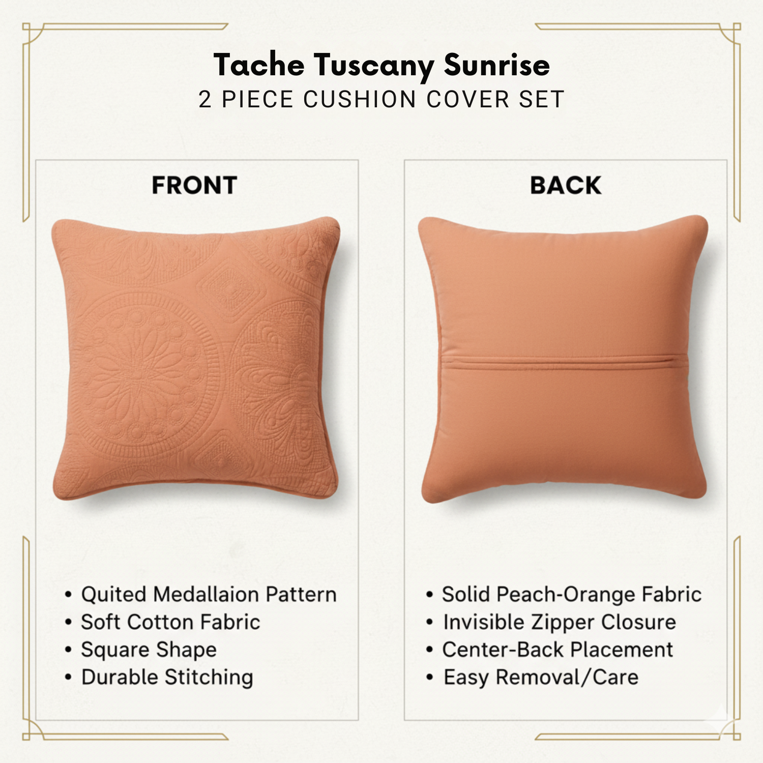 Tache Tuscany Sunrise 2-piece cushion cover set with front and back views on a white background.