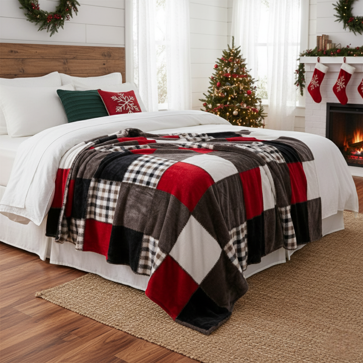 Bedroom with a checkered blanket, Christmas tree, and stockings.
