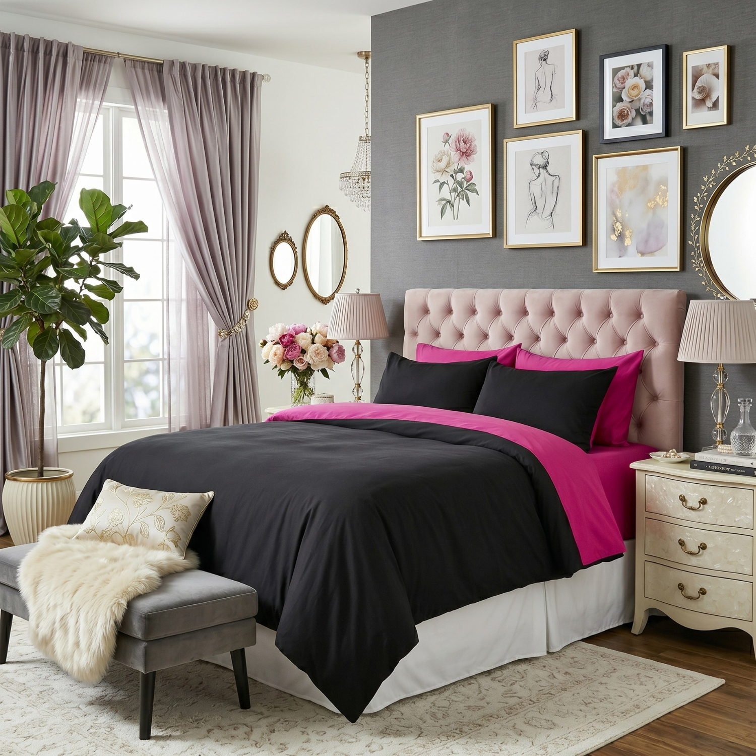 A stylish modern bedroom featuring the Tache 6-piece cotton hot pink and black reversible comforter set. The bed is styled with the black comforter folded back to reveal vibrant hot pink sheets and matching pink and black pillowcases