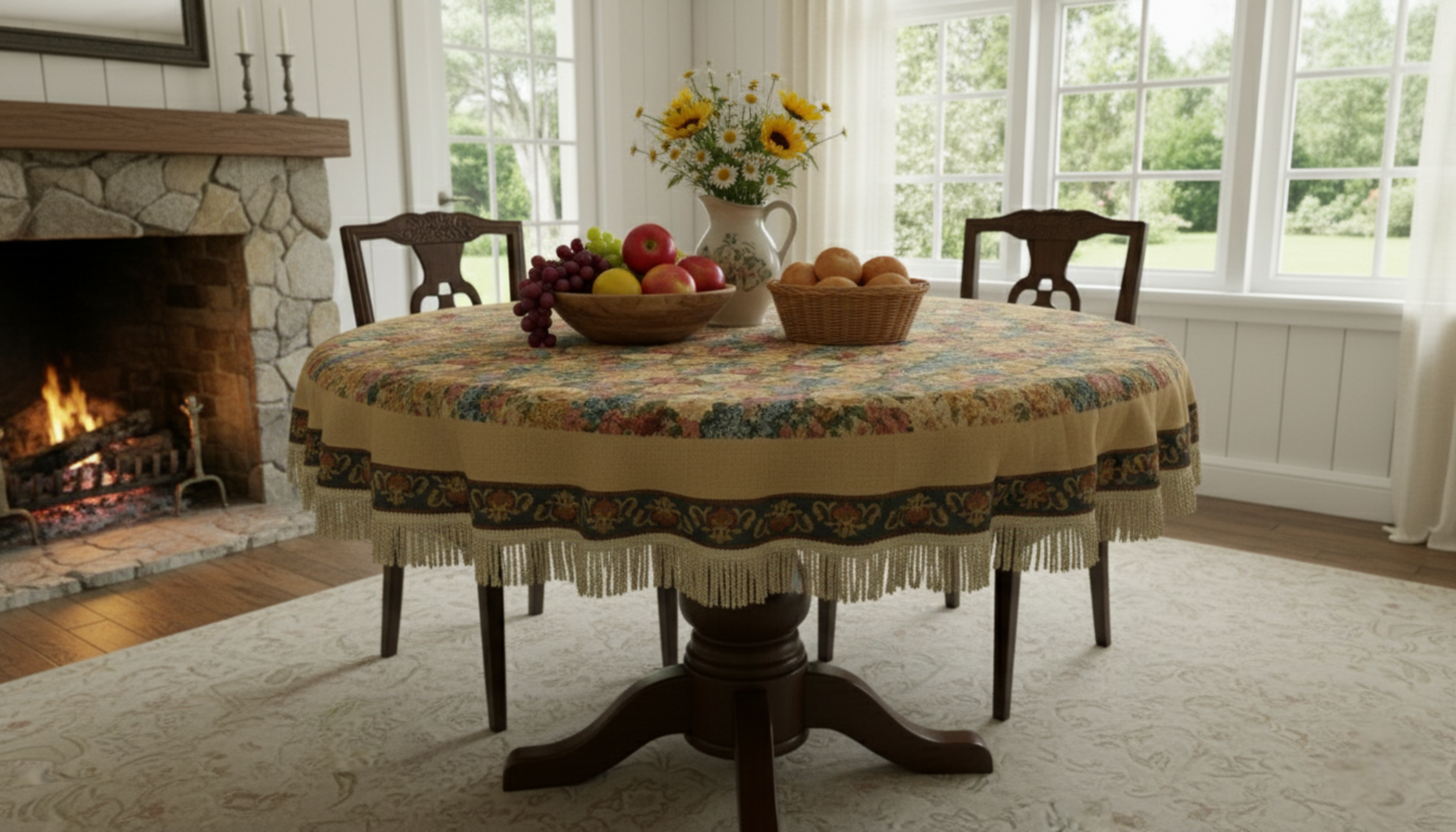 Dining room with a round table covered by a floral tablecloth, fruits on the table, and a fireplace in the background.