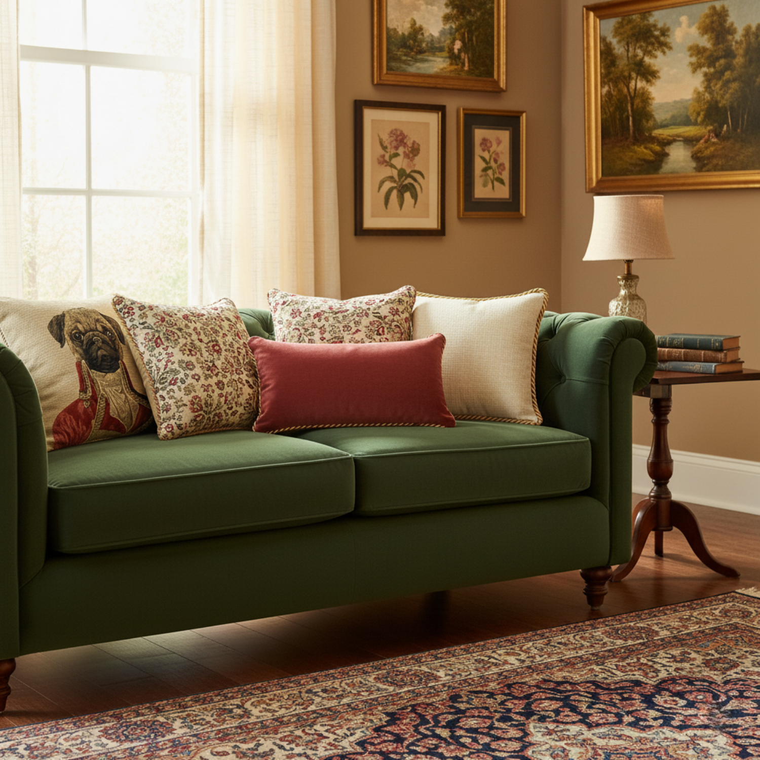 Green sofa with decorative pillows in a room with framed artwork on the wall.