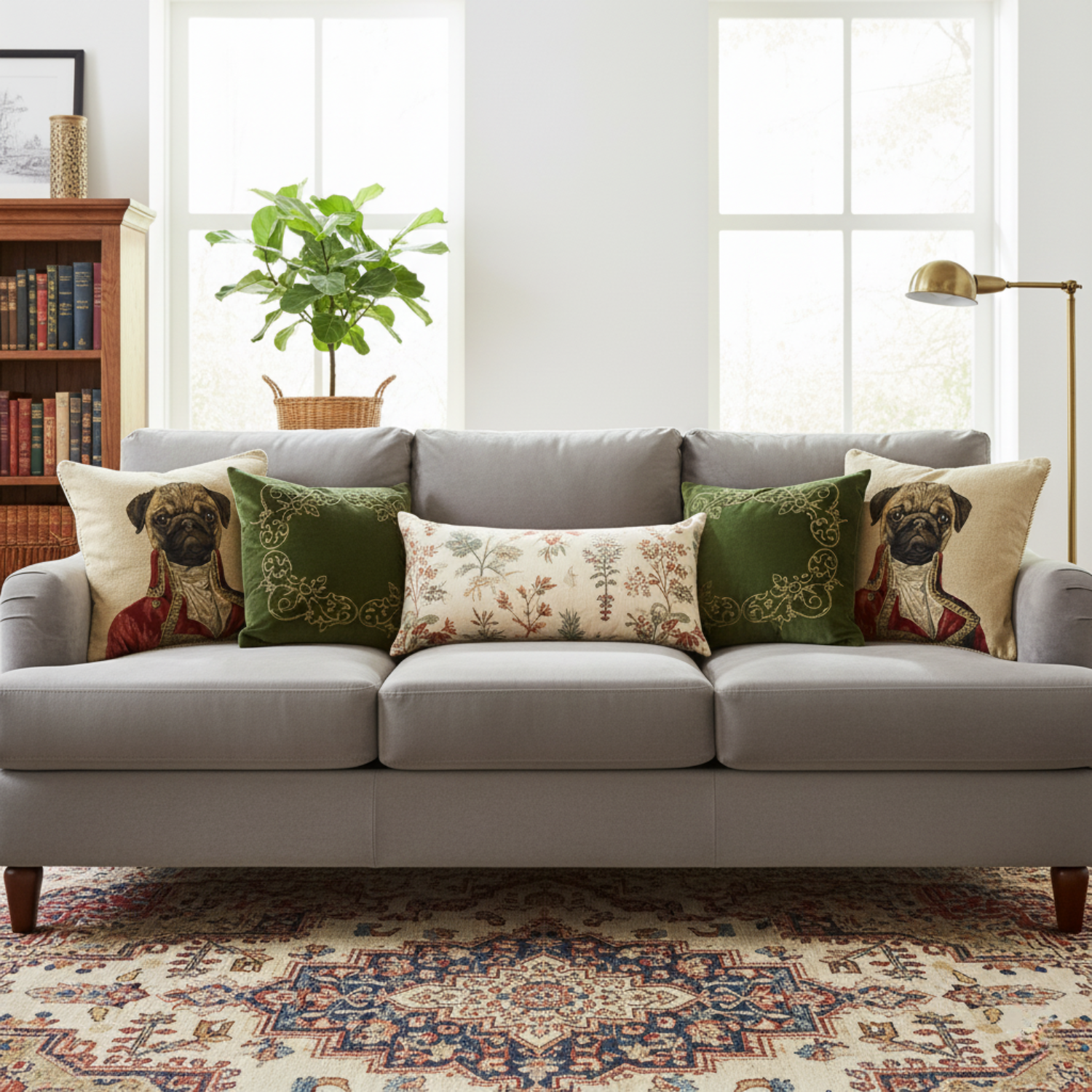 Gray sofa with decorative pillows in a living room setting. The cushion cover has a motif of pug dog