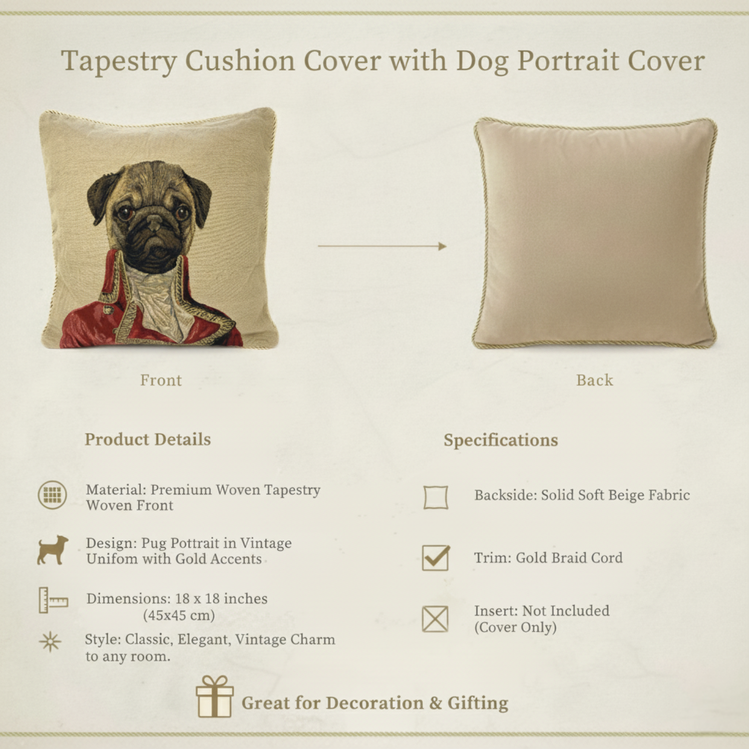 Tapestry cushion cover with dog portrait on front and plain back, product details and specifications listed.