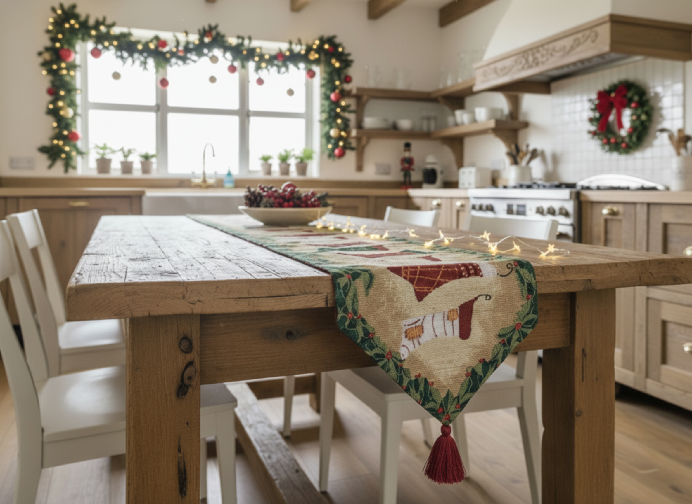 Kitchen with wooden table and festive decorations, including a Christmas wreath and garland and Tache festive holiday table runner in green and red