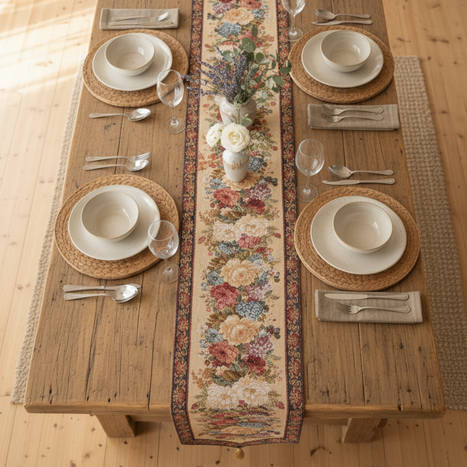 Dining table set with floral centerpiece and woven placemats on a wooden floor.