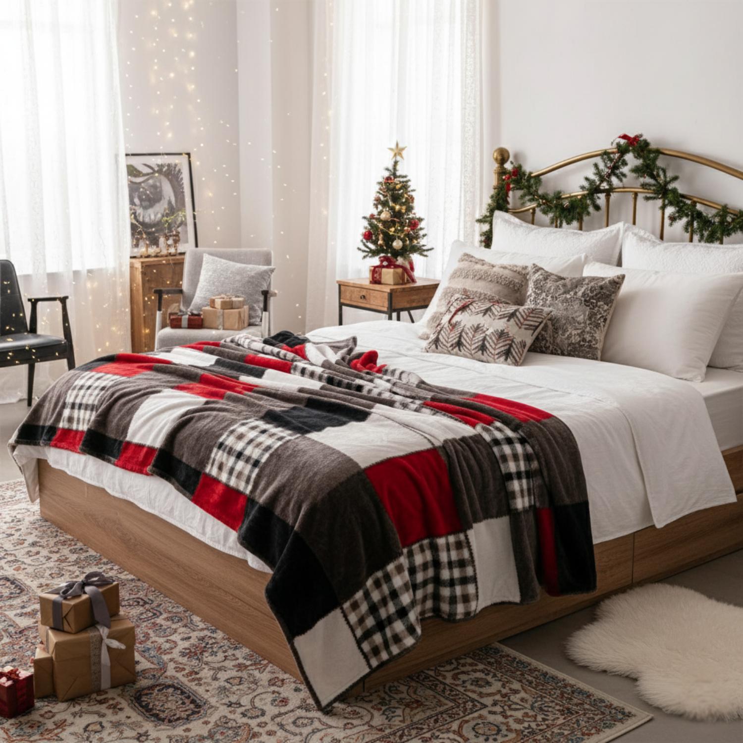 Decorated bedroom with Christmas tree, garland, and presents, featuring a bed with red plaid blanket.