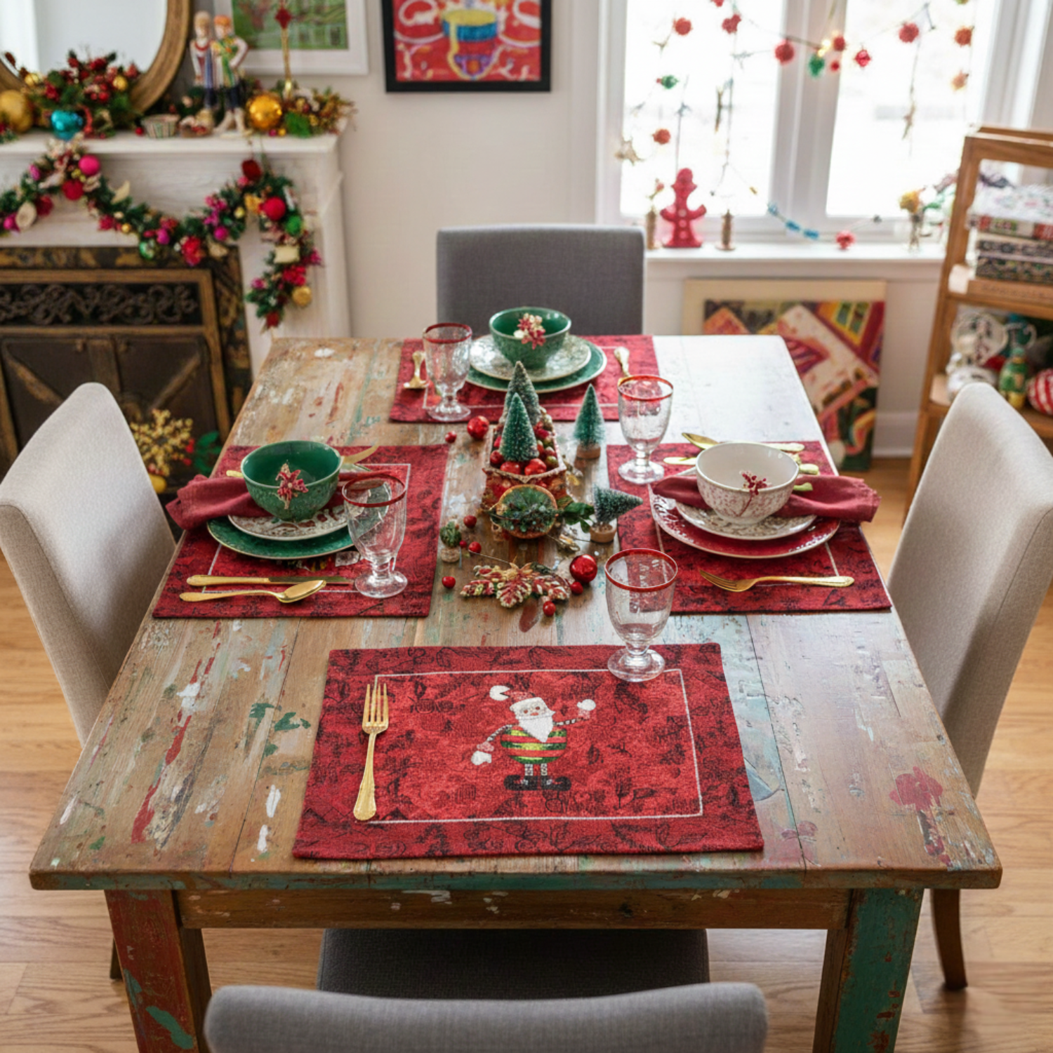 Dining table set for Christmas with decorative Tache Tapestry Red Santa placemats and centerpieces.