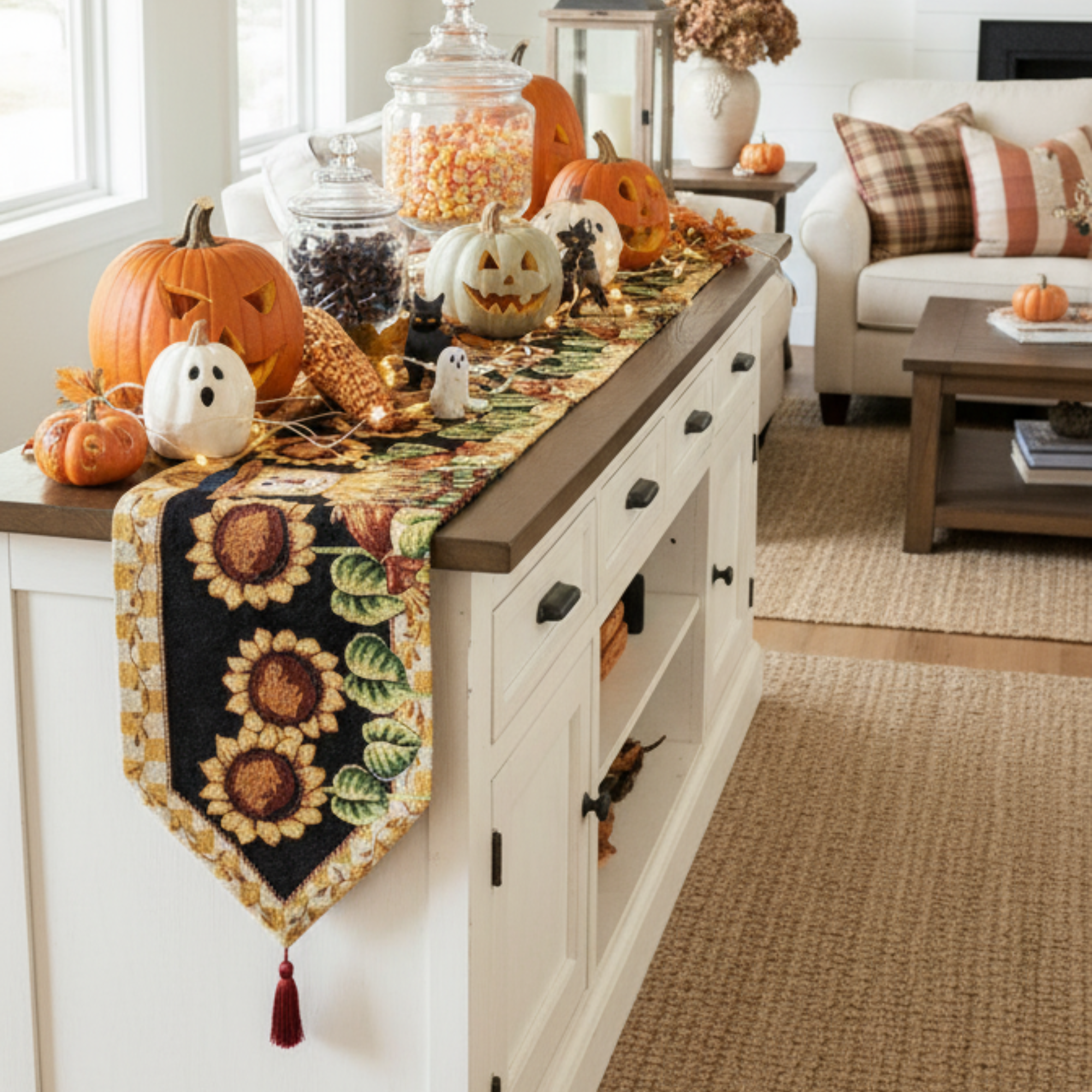 Decorative table setting with pumpkins, sunflower-themed runner, and fall-themed Halloween decor in a living room.