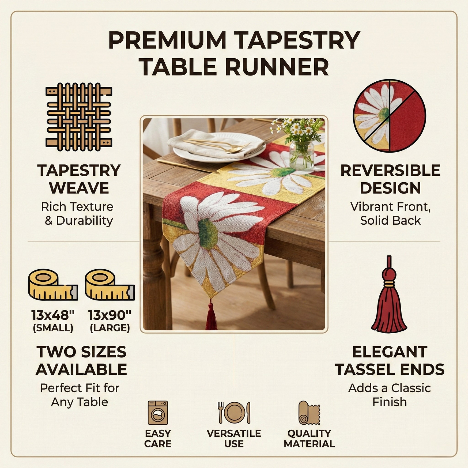 Premium tapestry table runner with reversible design, tassel ends, and two size options on a beige background.