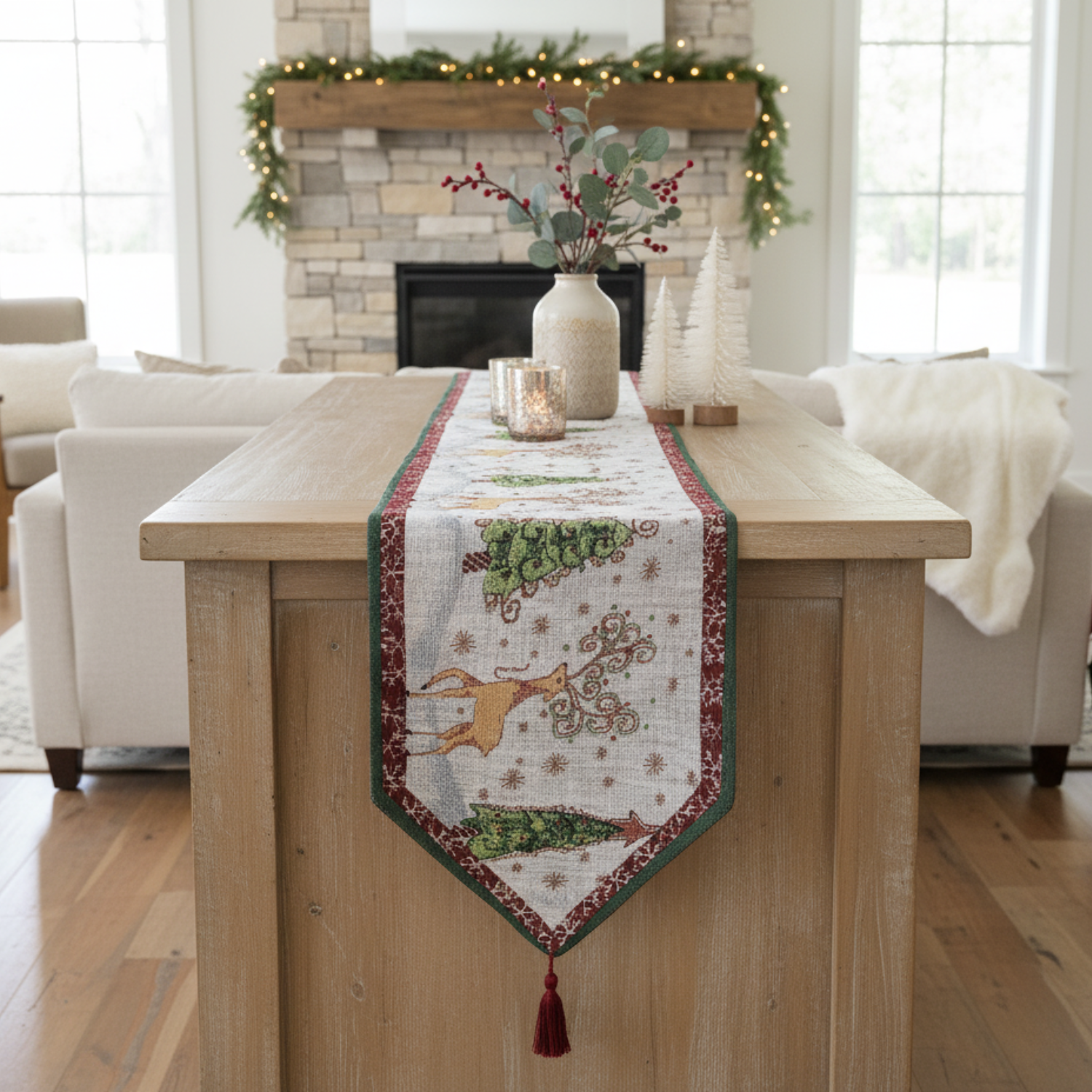 Decorative table runner on a wooden table in a cozy living room with festive decorations.