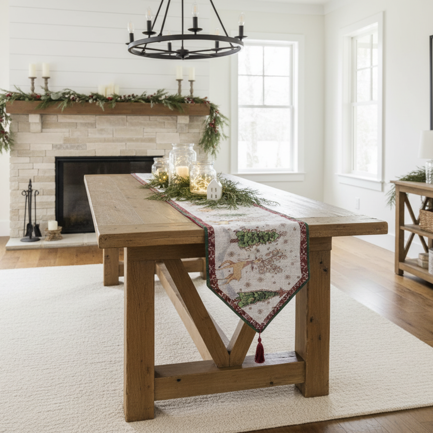 Dining room with wooden table, Christmas decorations, and fireplace.