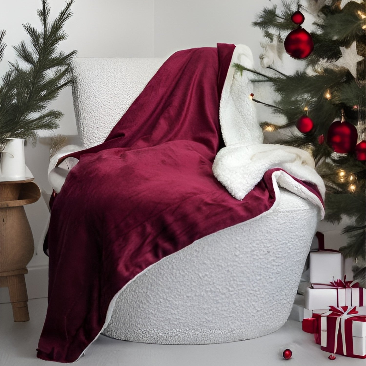 Christmas Wine Red Sherpa Throw Blanket super soft warm cozy cuddly fluffy with Christmas Tree and Gifts