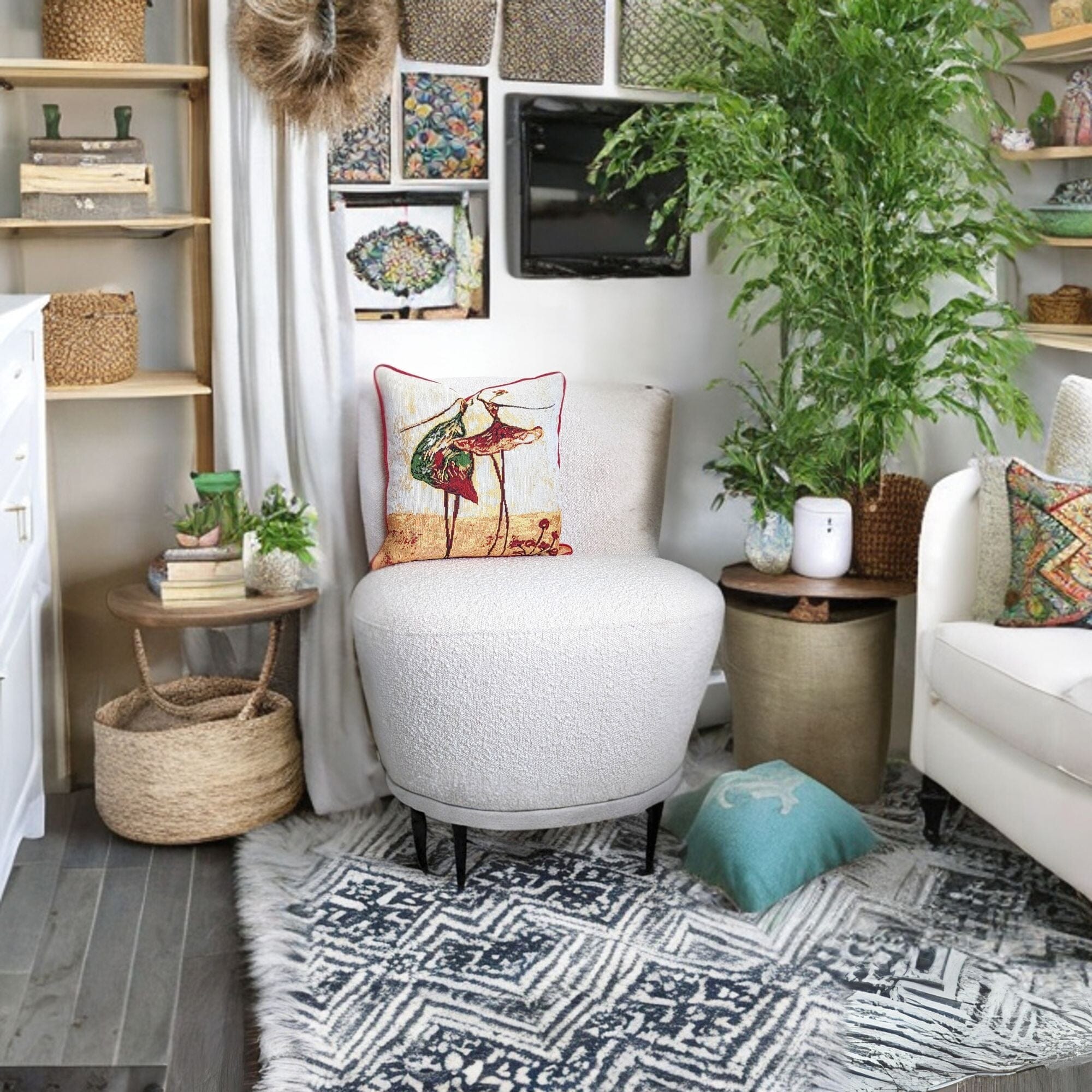 An throw pillow with abstract design of two dancing ladies on a white armchair in a Tuscany bohemian family room.