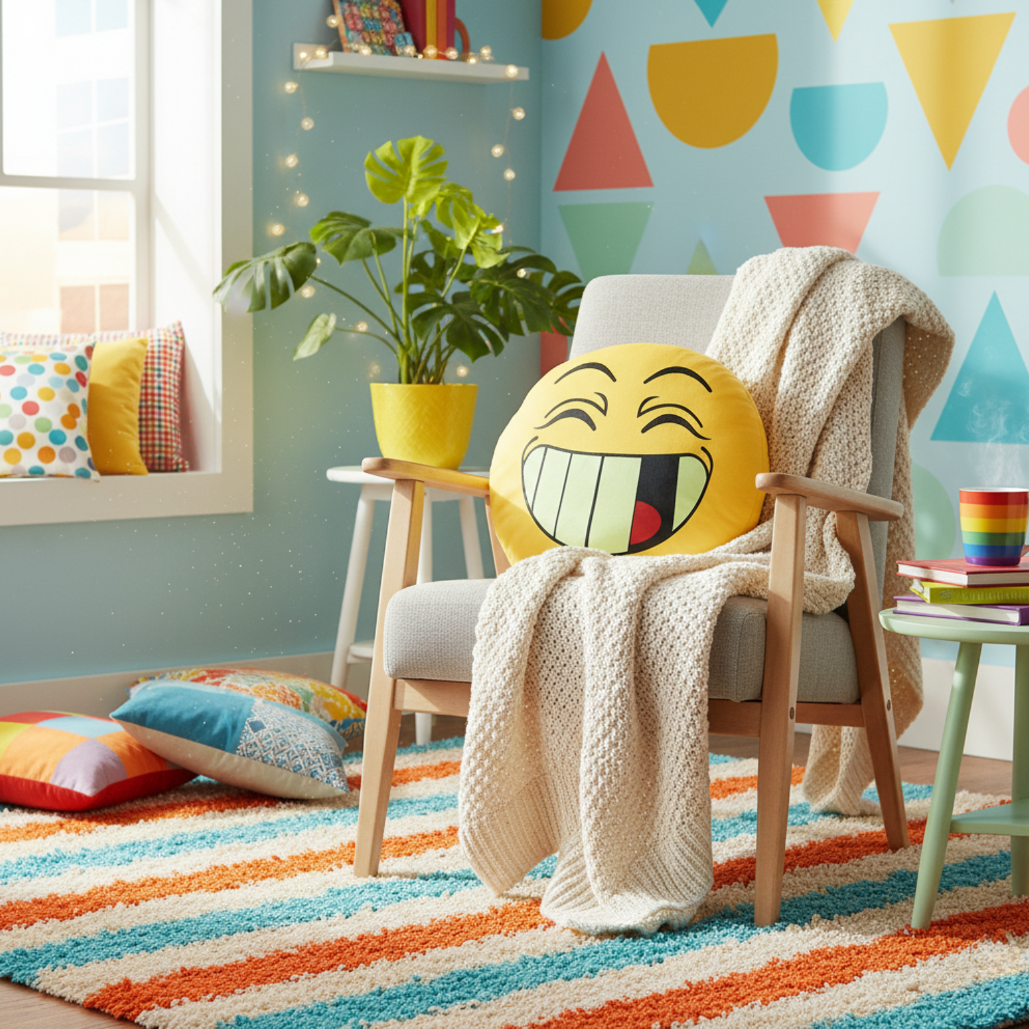 Colorful living room with a smiley face pillow on a chair, striped rug, and geometric wall design.