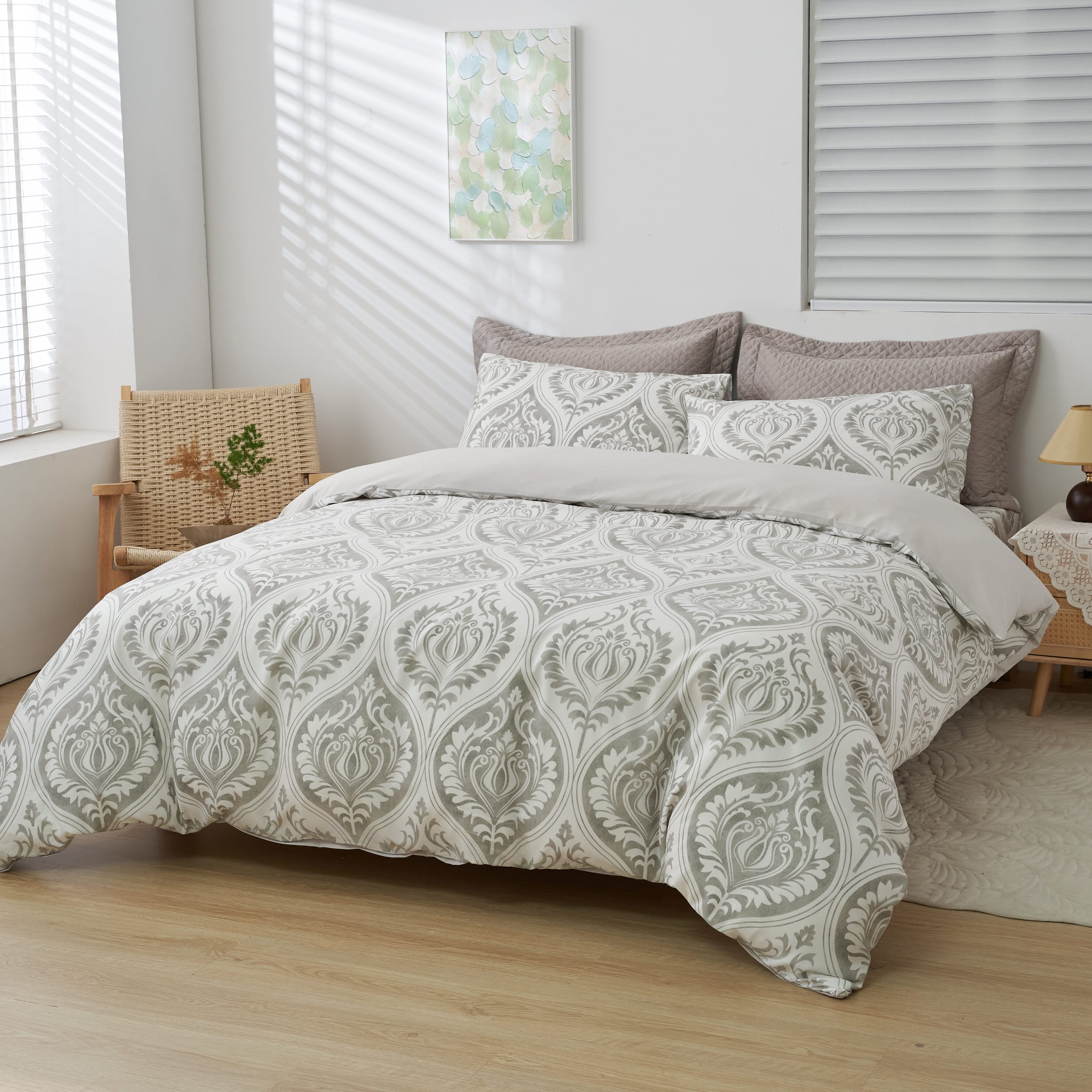 Tache farmhouse Dreamy Moon Sky Ogee Damask Heather Gray White Duvet Cover With Zipper Closure