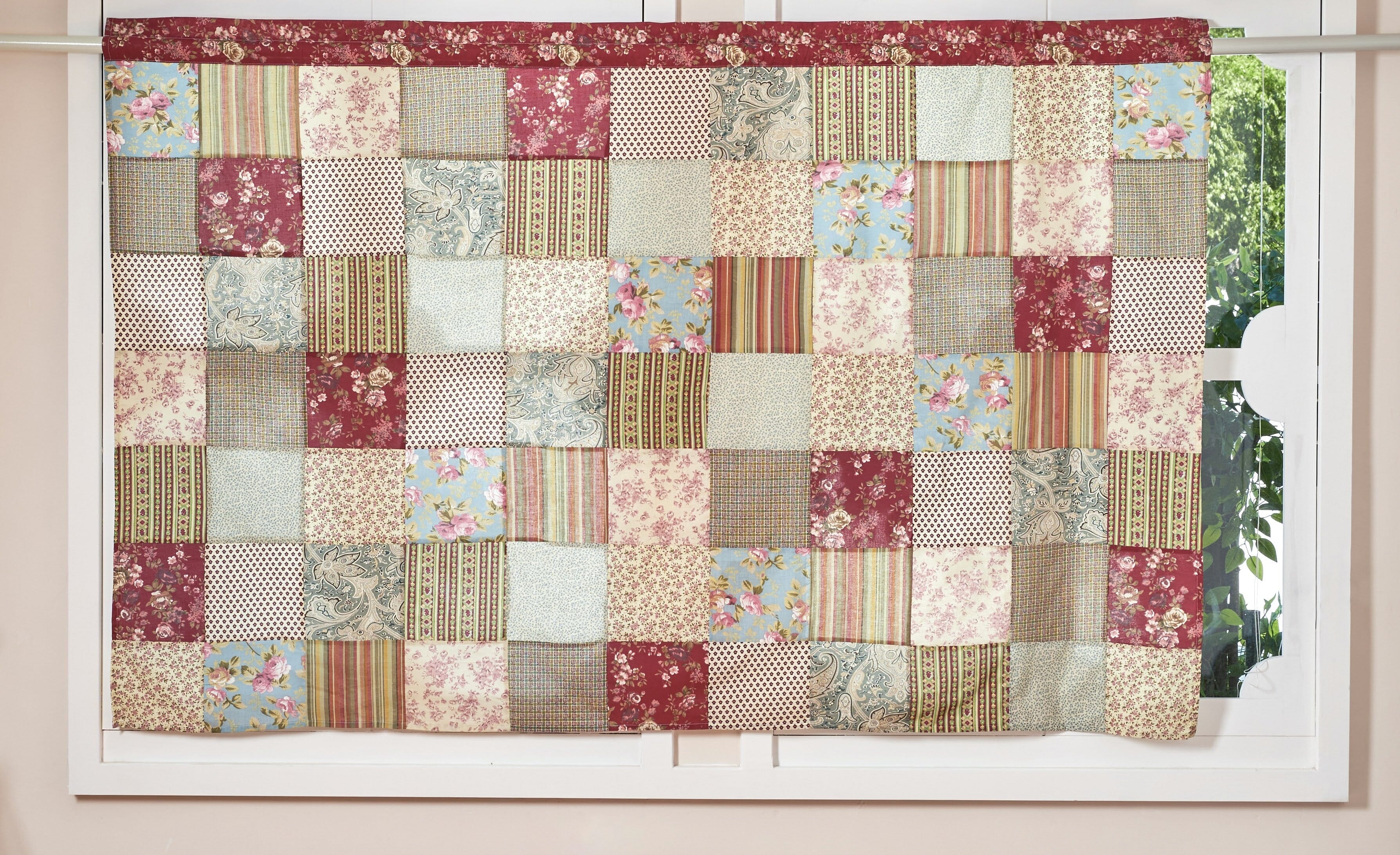 Fairy Tale Tea Party beige burgundy paisley floral cotton patchwork curtain by Tache Home Fashion