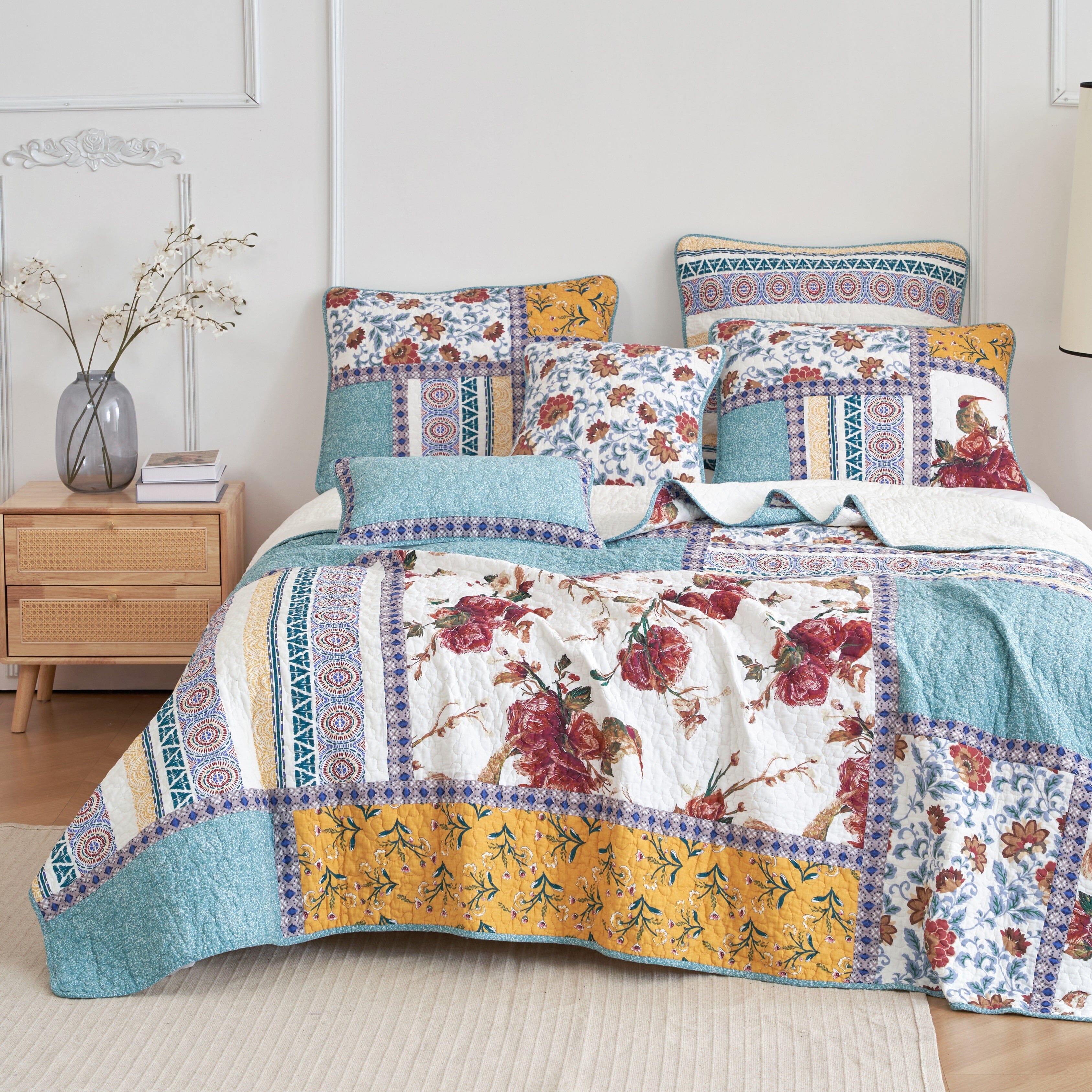 Tache Vintage Cotton Blue Red Old World Floral Throw Pillow Cover Cushion Covers 2-Pieces Square decorative Bed Pillow Cover Country Cottage Patchwork Quilt Bedding Set (JHW-936)