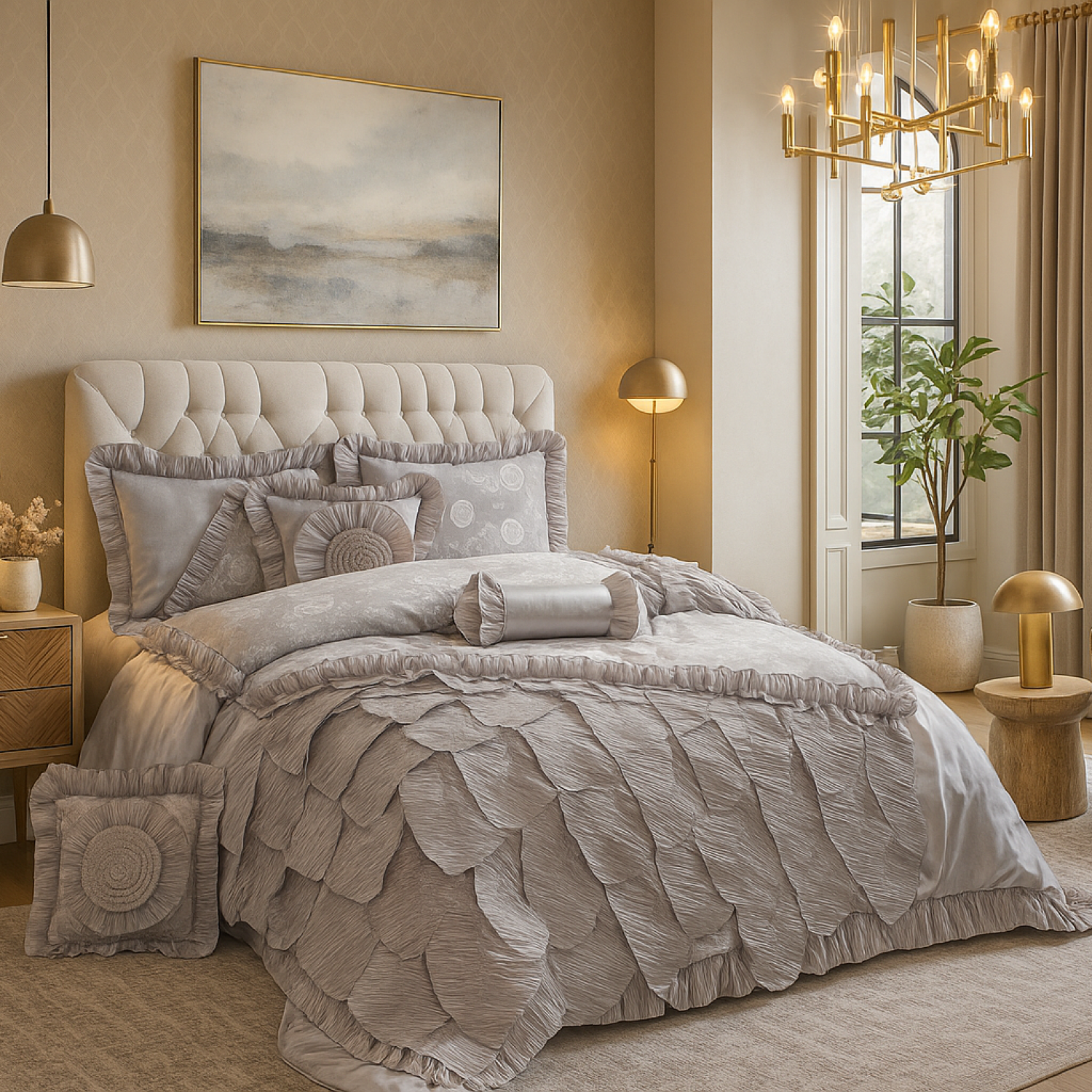 Tache Satin Ruffle Floral Lace Silver Rose Petals Comforter Set Neatly made bed with decorative pillows and ruffled comforter in a stylish bedroom.