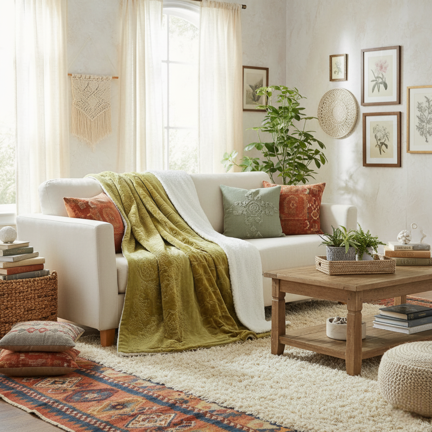 Cozy living room with a white sofa, olive green blanket, and wooden coffee table.
