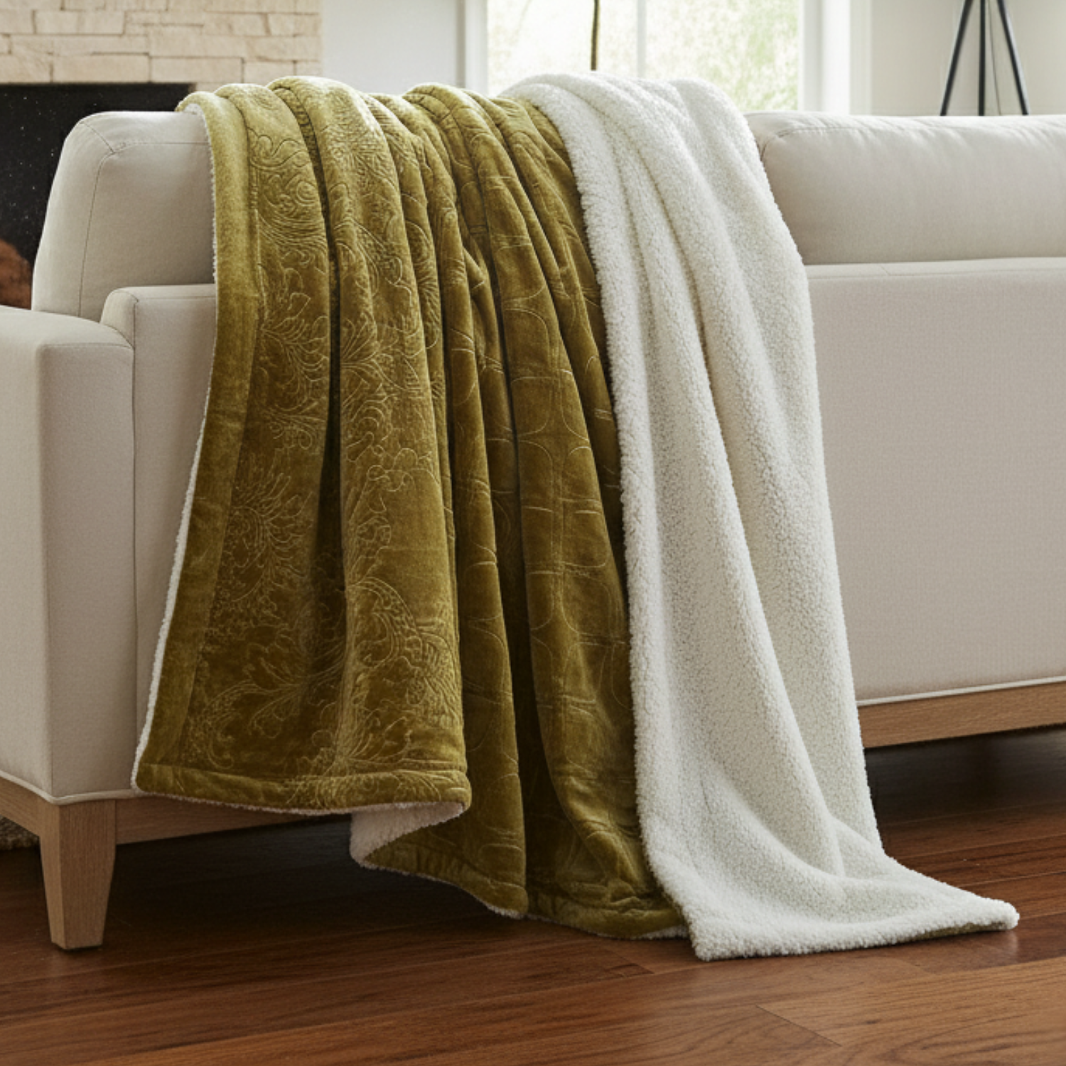 Olive green plush blankets with white back sherpa draped over a beige sofa in a living room setting.