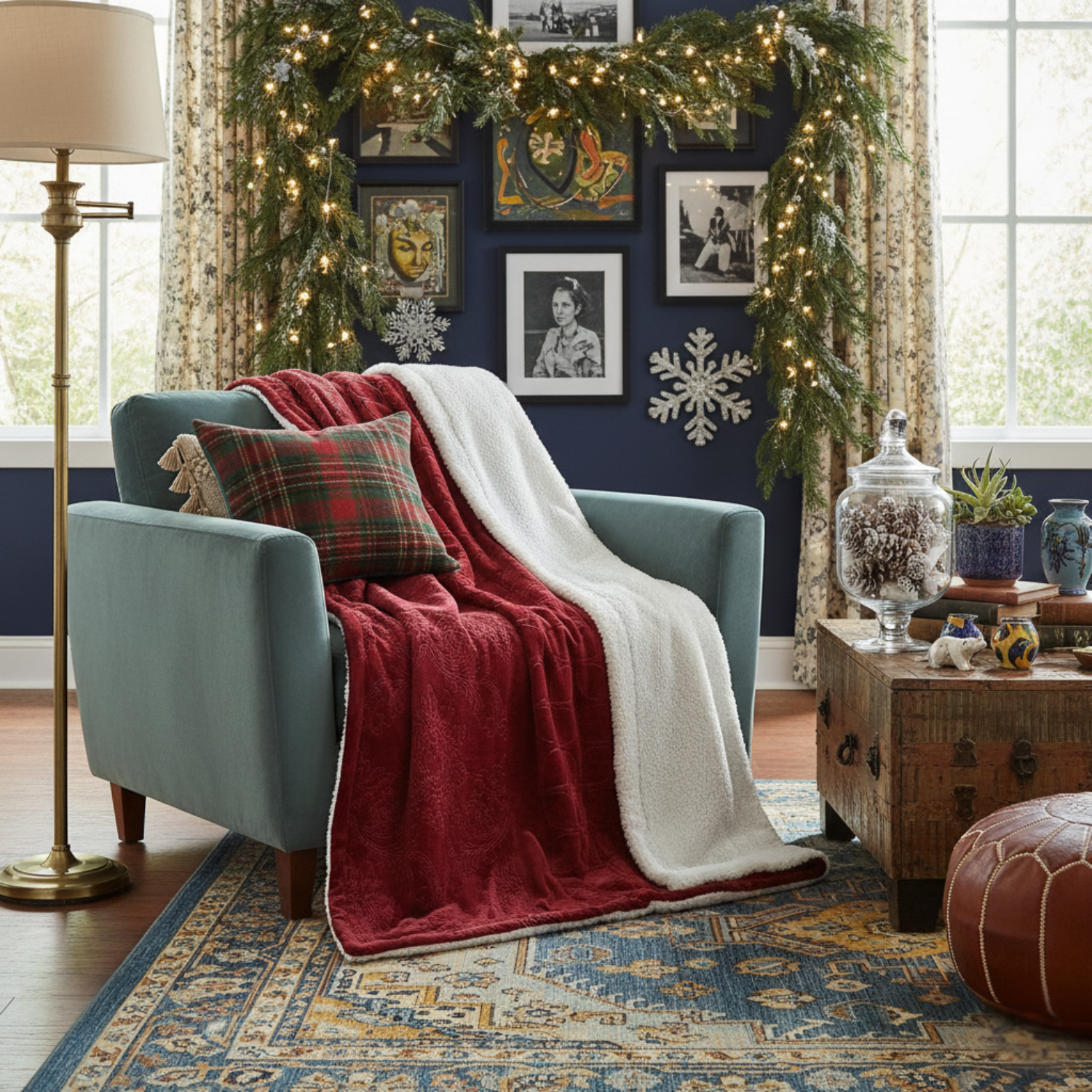 Cozy living room with a blue armchair, red blanket, and Christmas decorations.