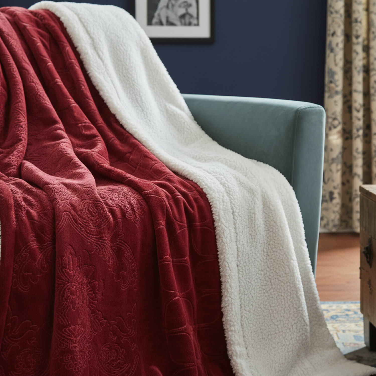 Red and white blanket draped over a chair in a room with a blue wall and patterned curtains.
