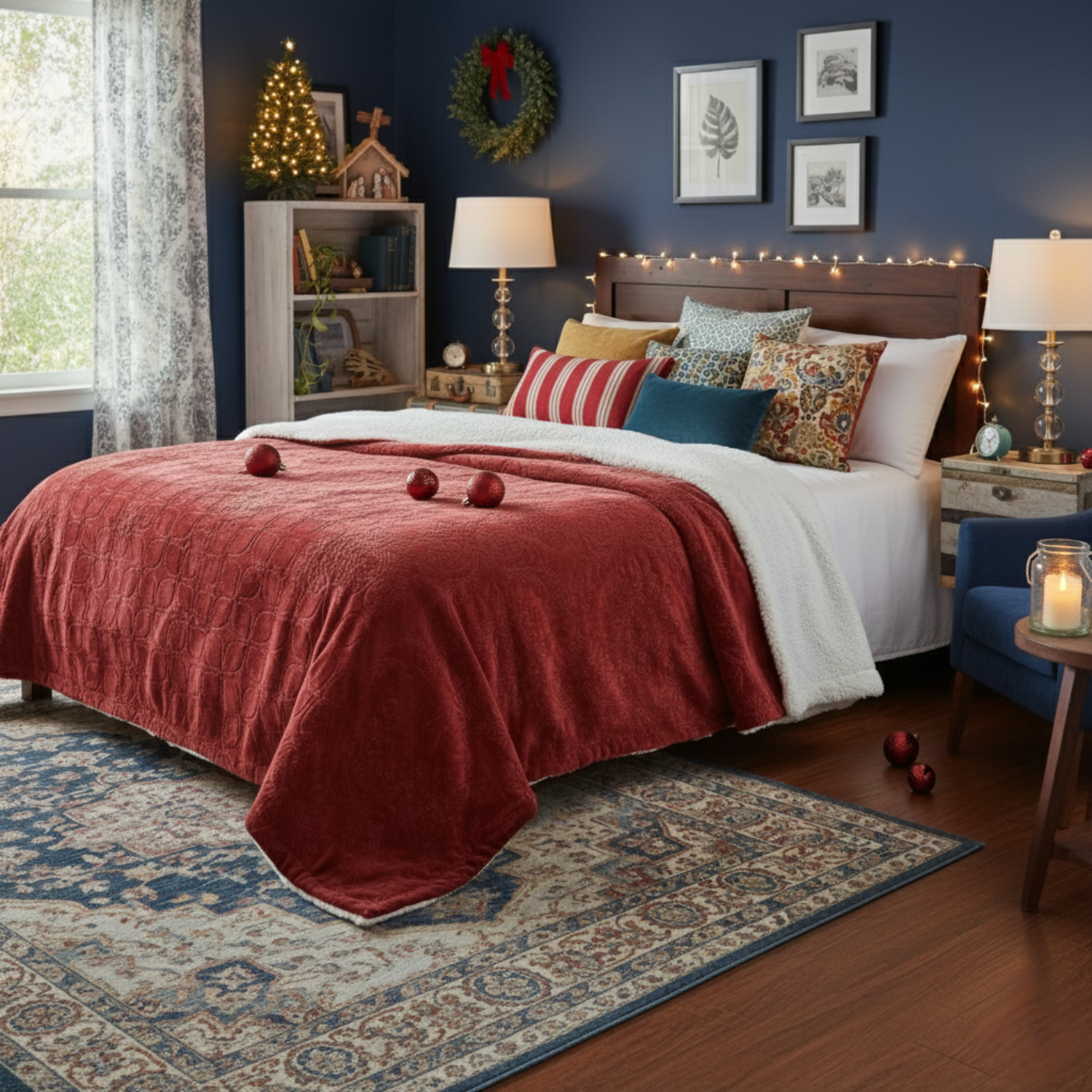 Cozy bedroom with a bed covered in red blanket and pillows, decorated for Christmas.