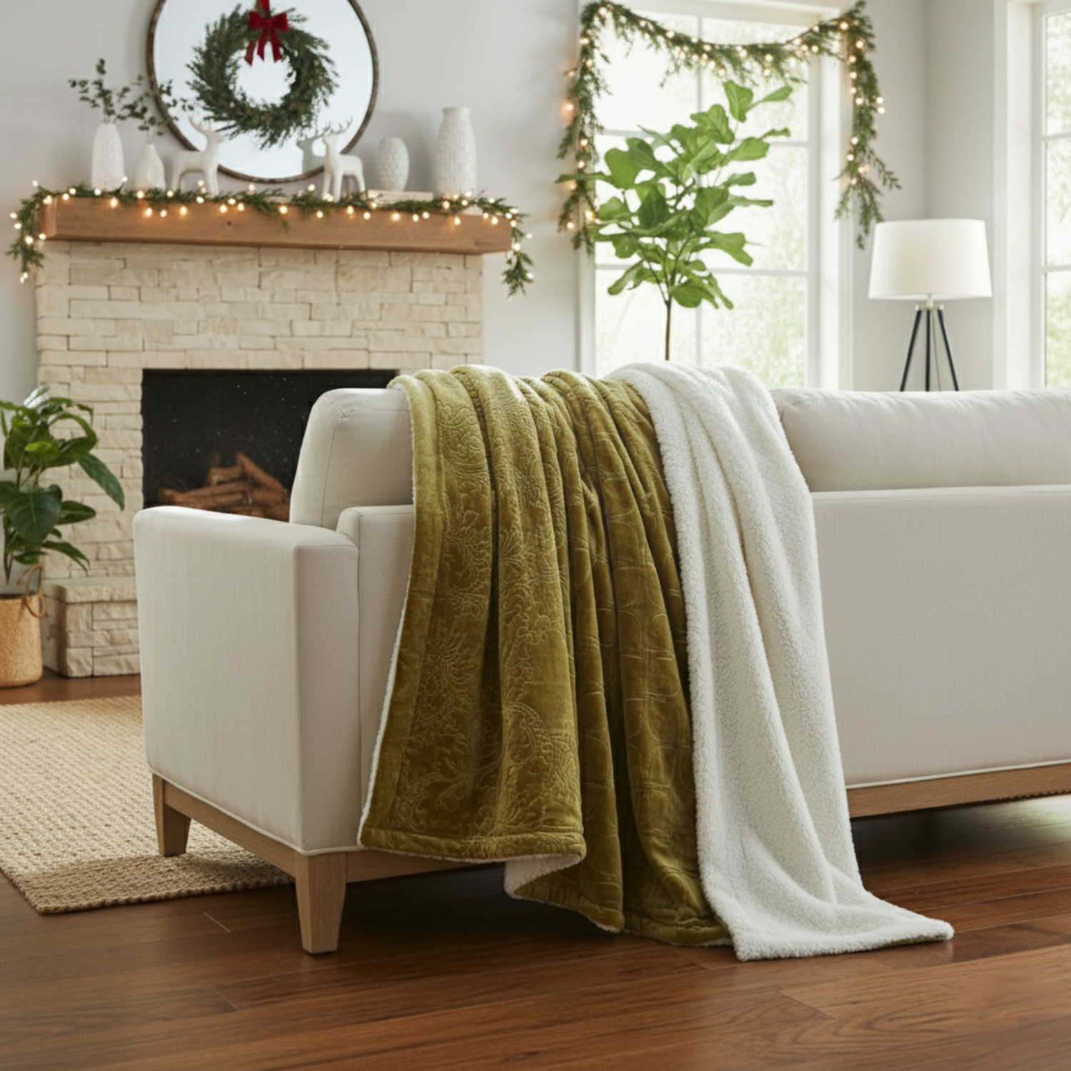 Cozy living room with a white couch draped with olive green and white blankets, a fireplace, and festive decorations.
