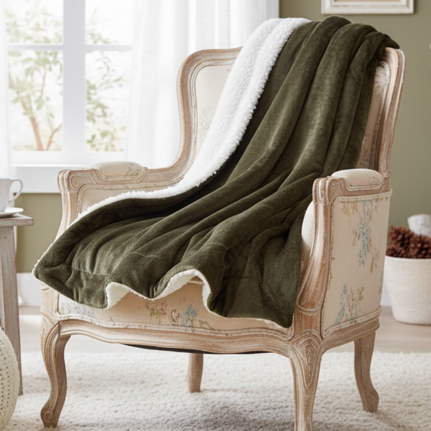 Dark Olive Green blanket draped over a decorative chair in a cozy room.