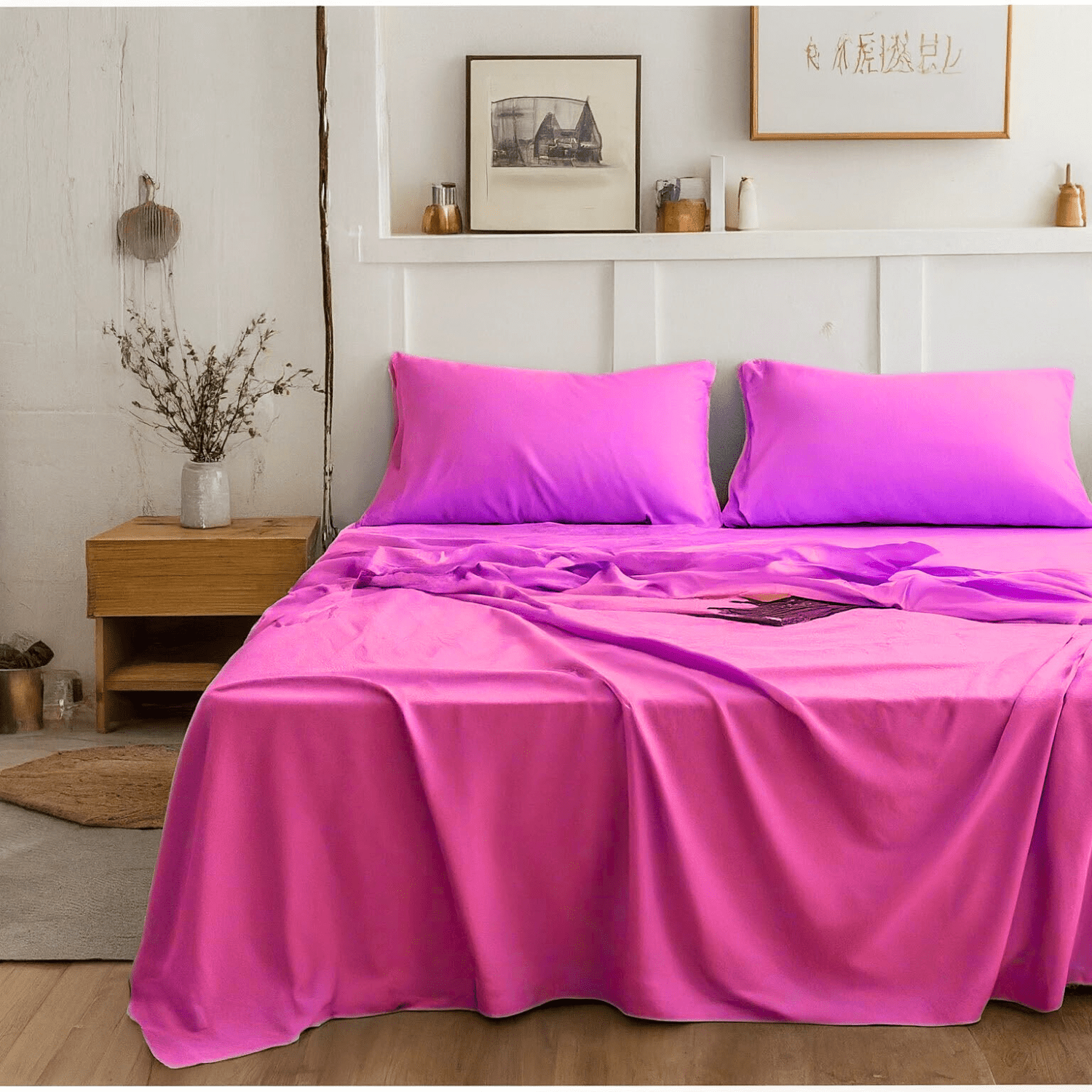 Tache Light Bright Rose Pink Hot Pink Bed Sheet Set Super Soft Wrinkle Free in a Farmhouse Bedroom