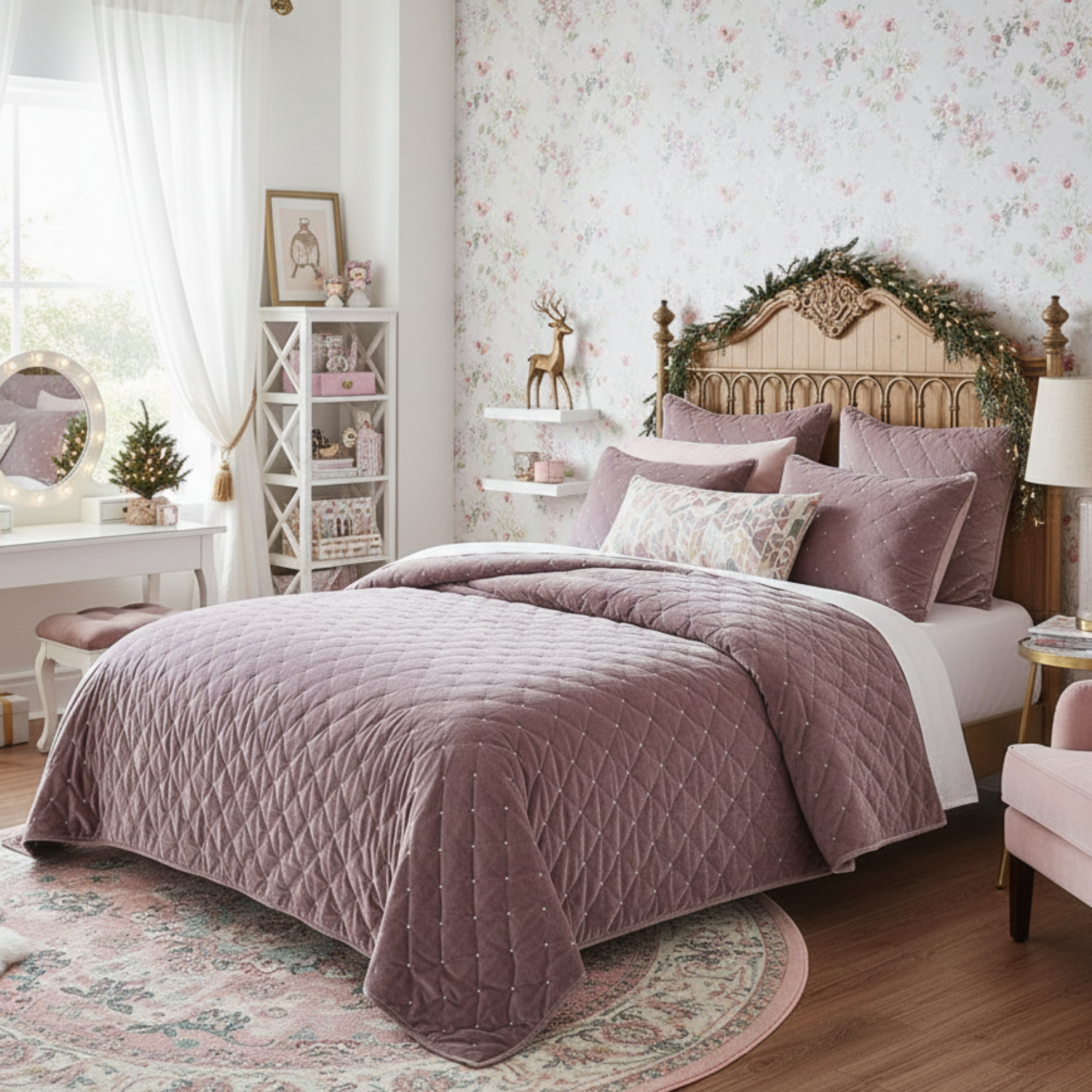 Tache Plush Dreams Purple Mauve Tufted Velvet Quilt Set Bedroom with a bed covered in purple quilt and pillows, floral wallpaper, and decorative shelves.