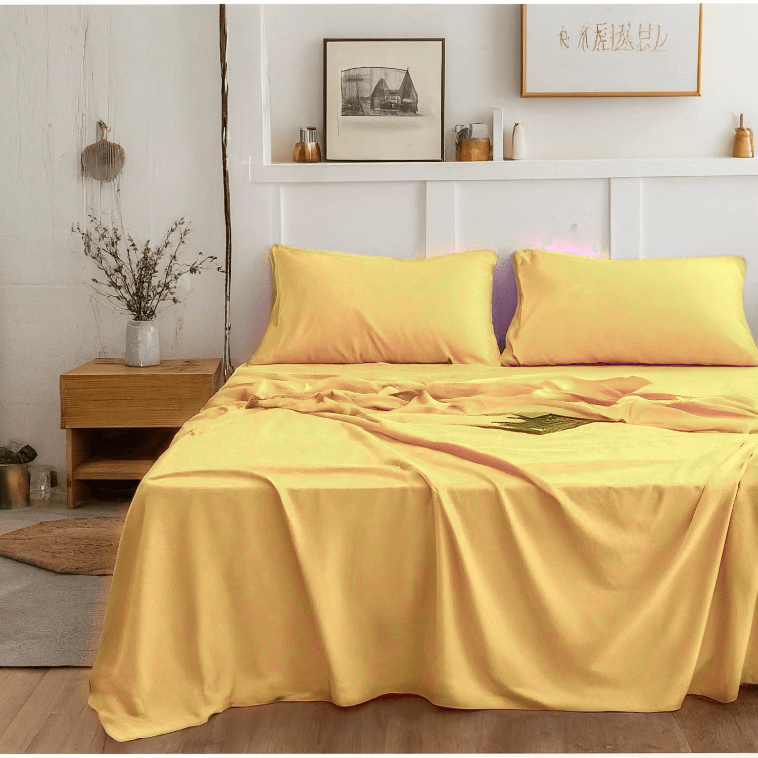 Tache Light Sunny Yellow Bed Sheet Set Super Soft Wrinkle Free in a farmhouse Bedroom