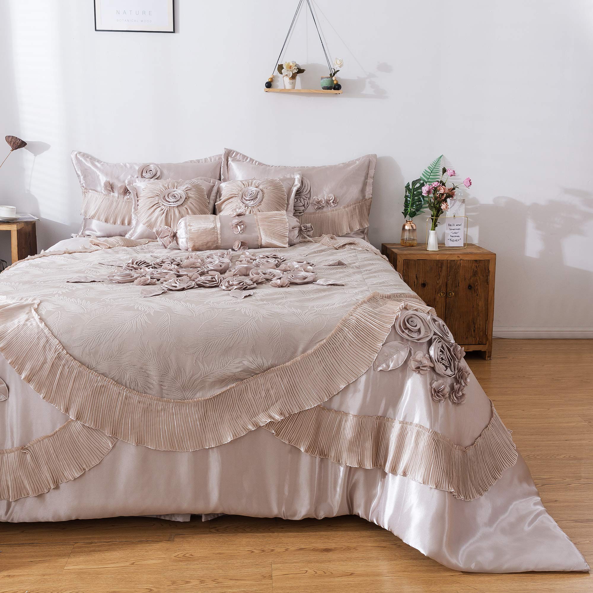 elegant champagne beige satin faux silk comforter set with accessories. click to view all comforters.