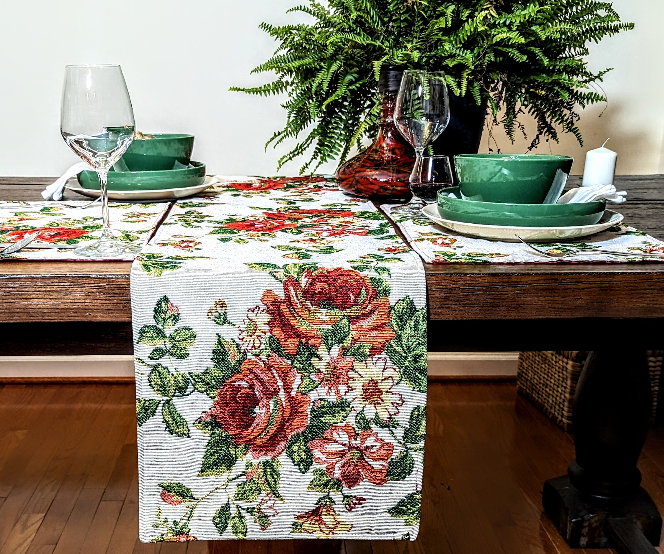 Tache Sweet Roses Vintage Ivory Woven Floral Tapestry Table Runners (17593TR)