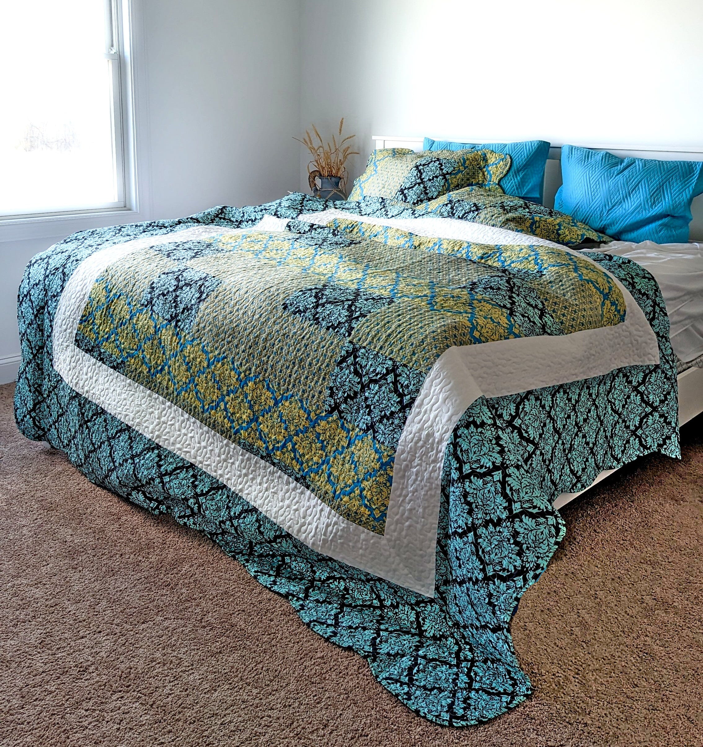 Tache Damask Ornate Baroque Teal Turquoise Blue Green Scalloped Quilt Set (SD-3300) - Tache Home Fashion