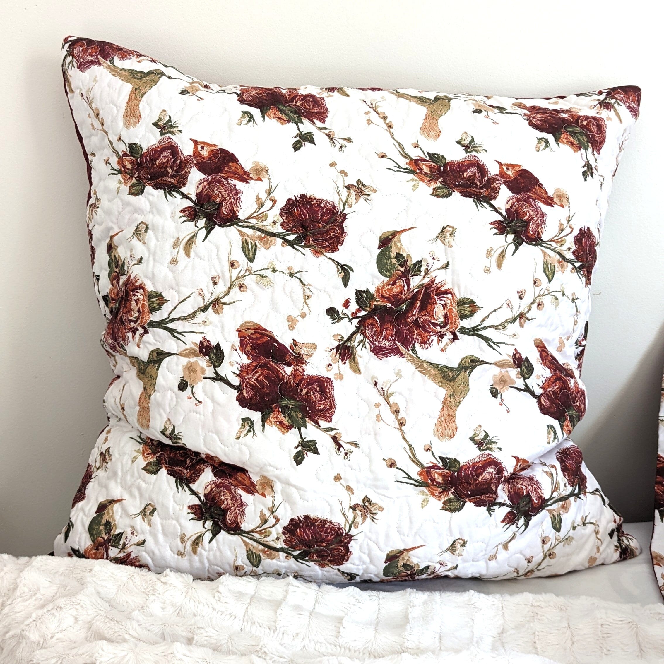 Tache Floral Hummingbirds Burgundy White Vintage Rose Garden Cushion Covers / Euro Sham (SD-7676) - Tache Home Fashion