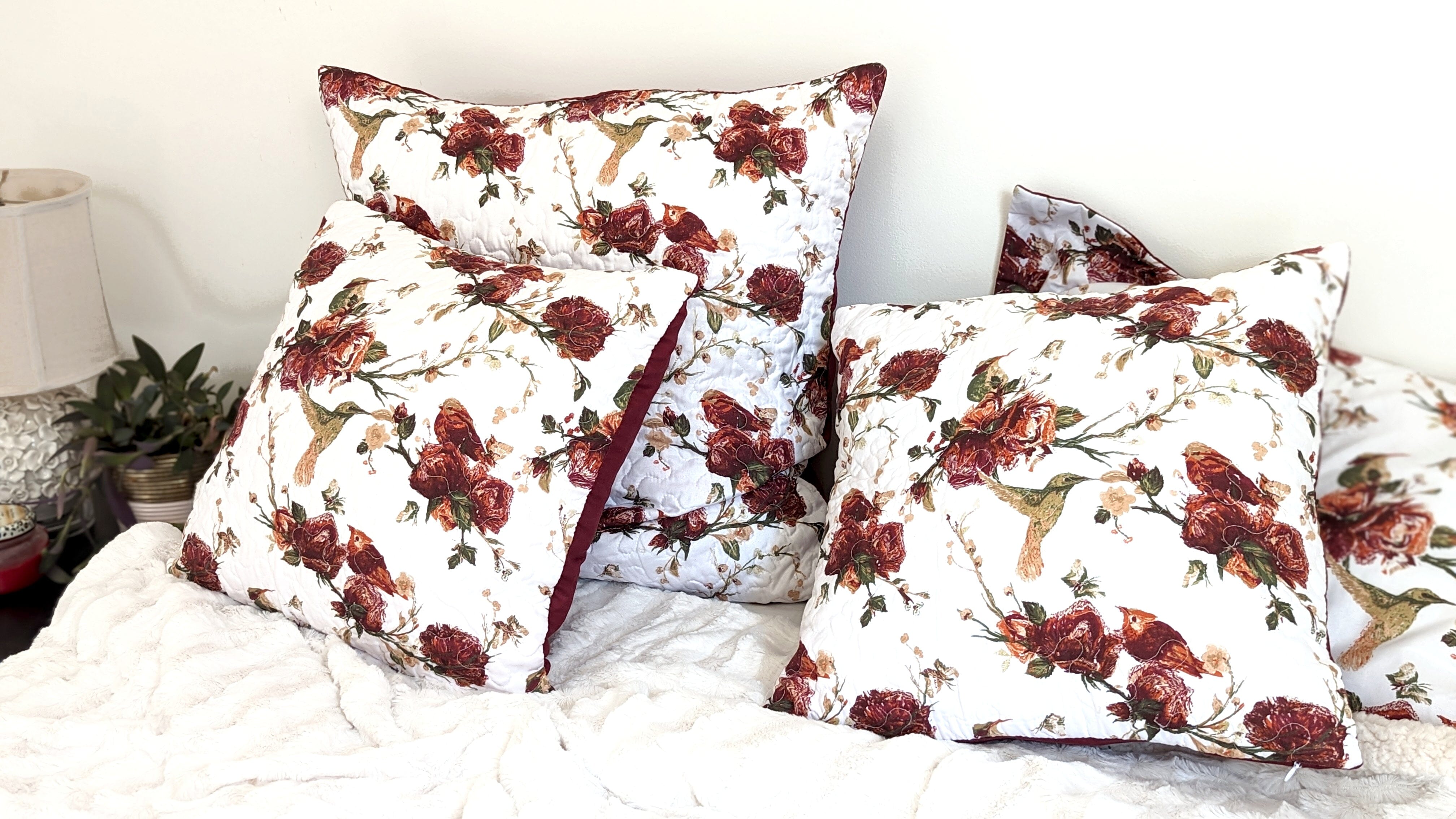 Tache Floral Hummingbirds Burgundy White Vintage Rose Garden Cushion Covers / Euro Sham (SD-7676) - Tache Home Fashion