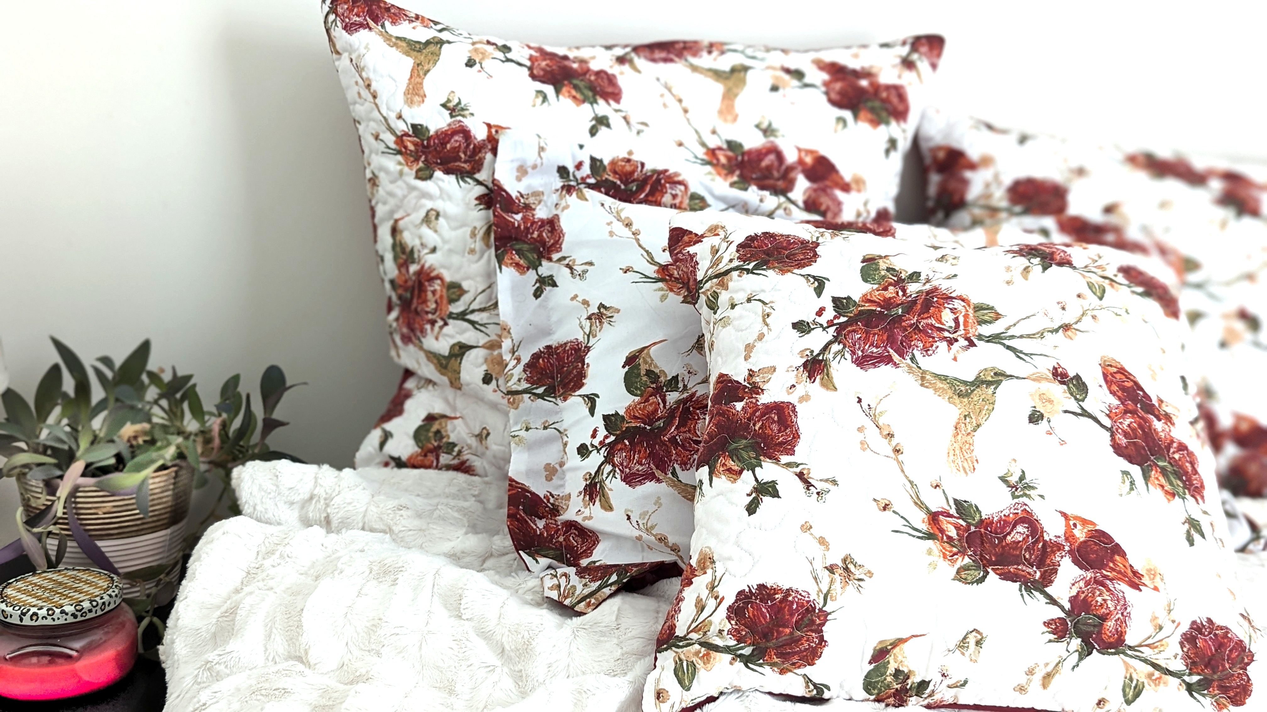Tache Floral Hummingbirds Burgundy White Vintage Rose Garden Cushion Covers / Euro Sham (SD-7676) - Tache Home Fashion